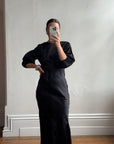 Vintage 30s Black Satin Backless ZigZag Fishtail Dress