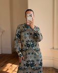Vintage 70s Paisley Tapestry Long Sleeved Maxi Dress Blue