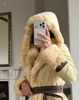 Vintage Y2K Italian Leather and Fur Belted Jacket with Hood
