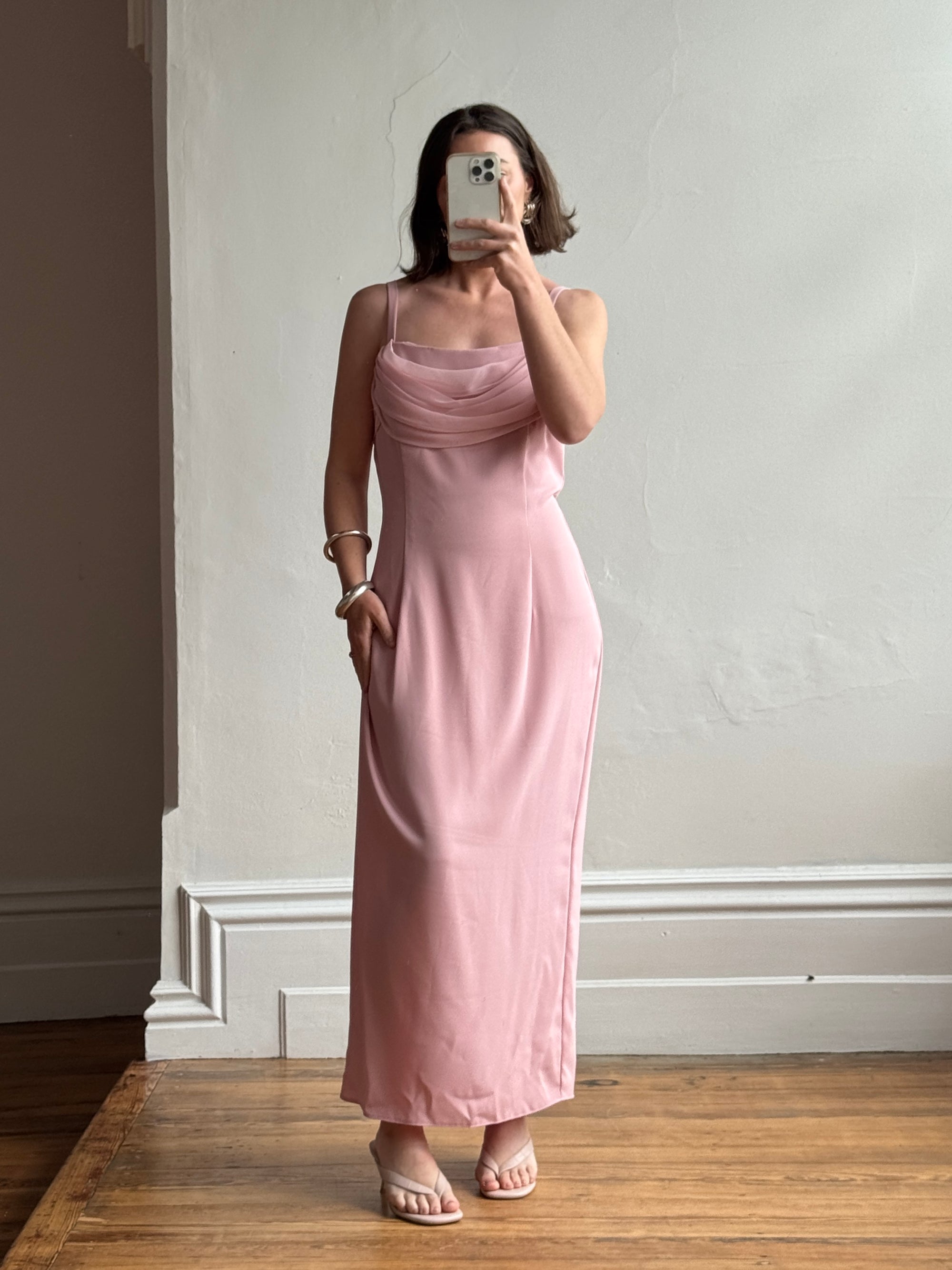 Vintage 90s Crepe Cowl Neck Slip Dress Dusty Rose
