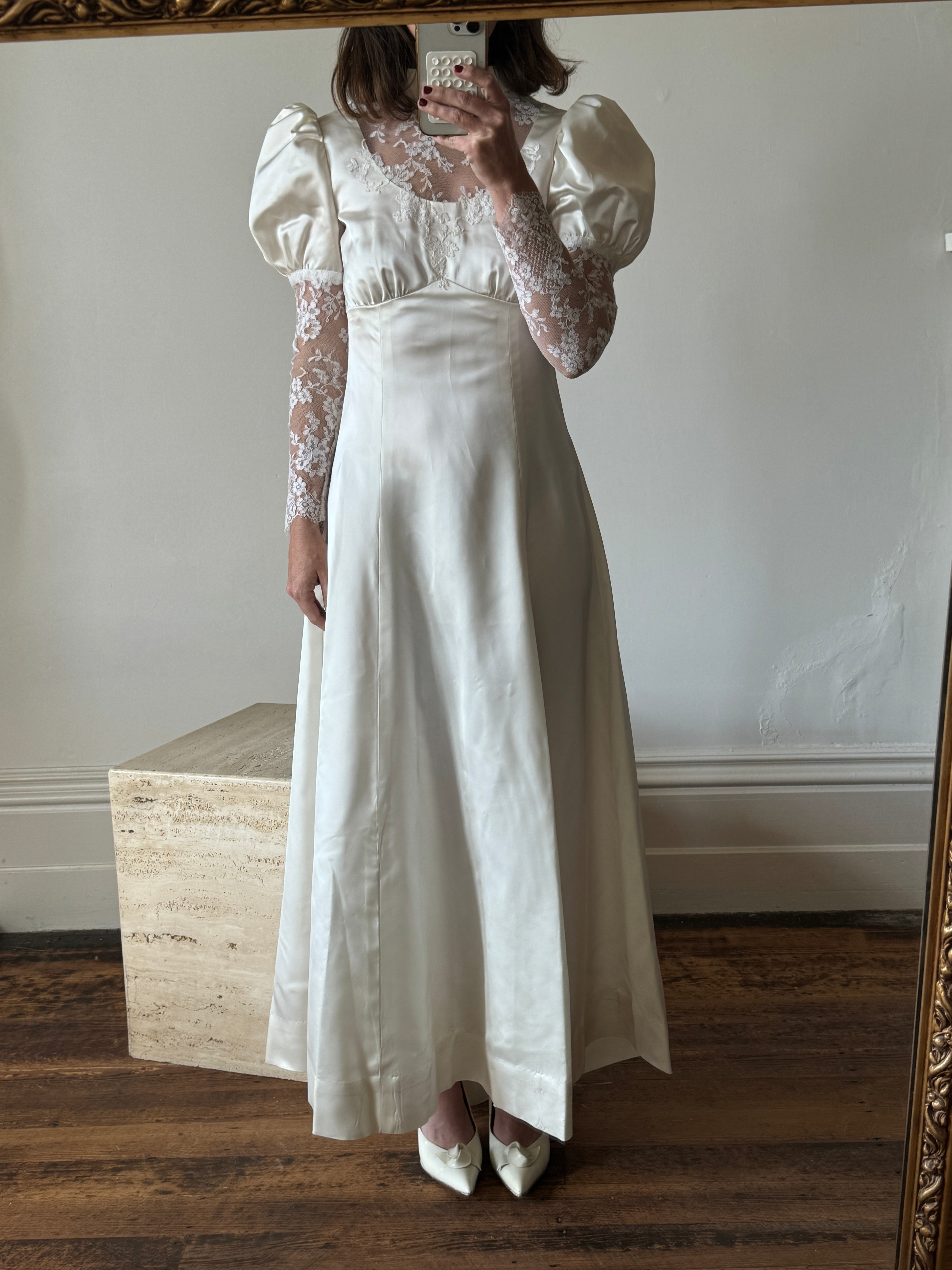 Vintage 80s Satin A-Line Wedding Gown with Puff Sleeves