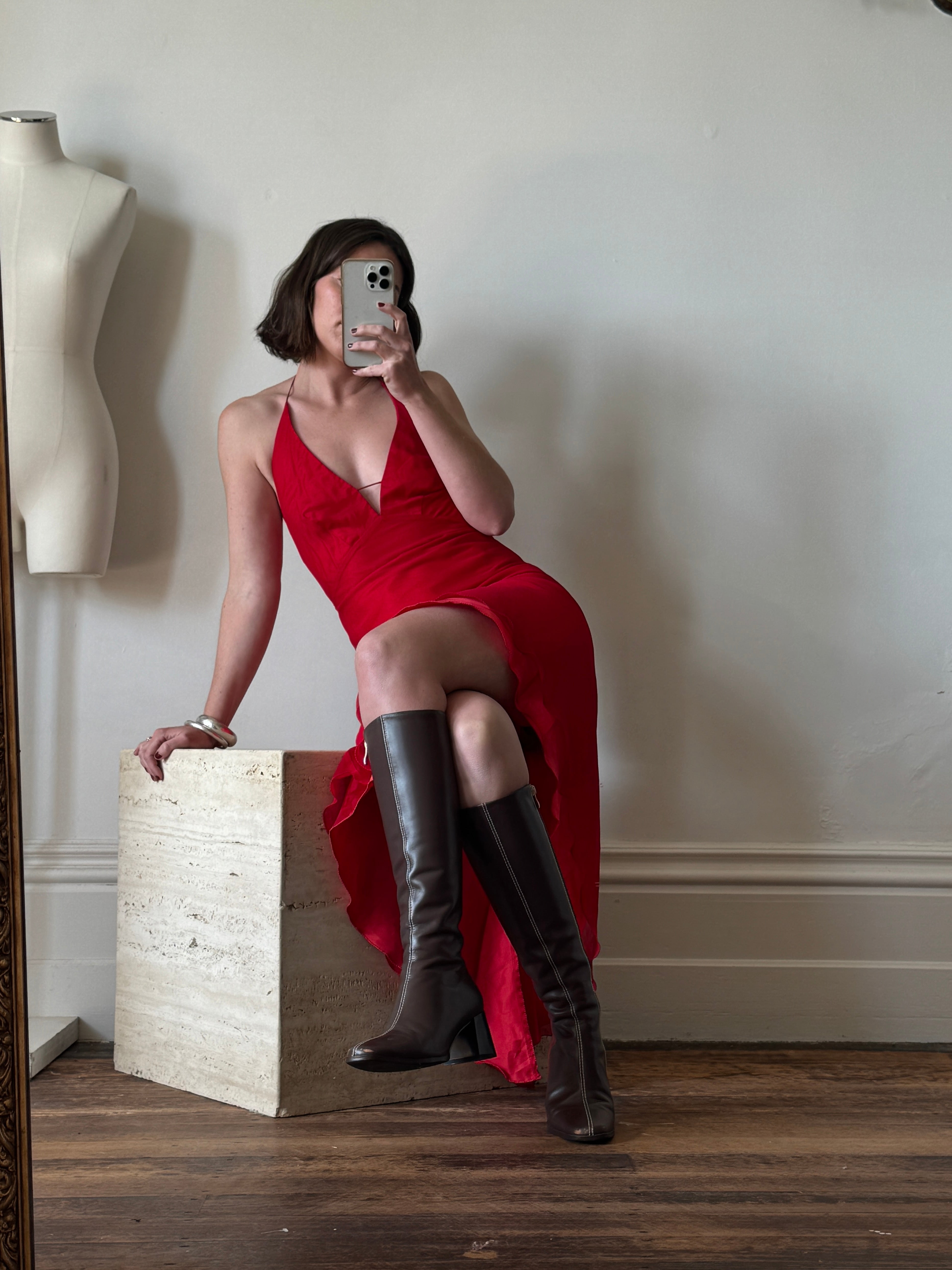 Vintage 90s Pure Silk High Low Halter Bias Dress Red