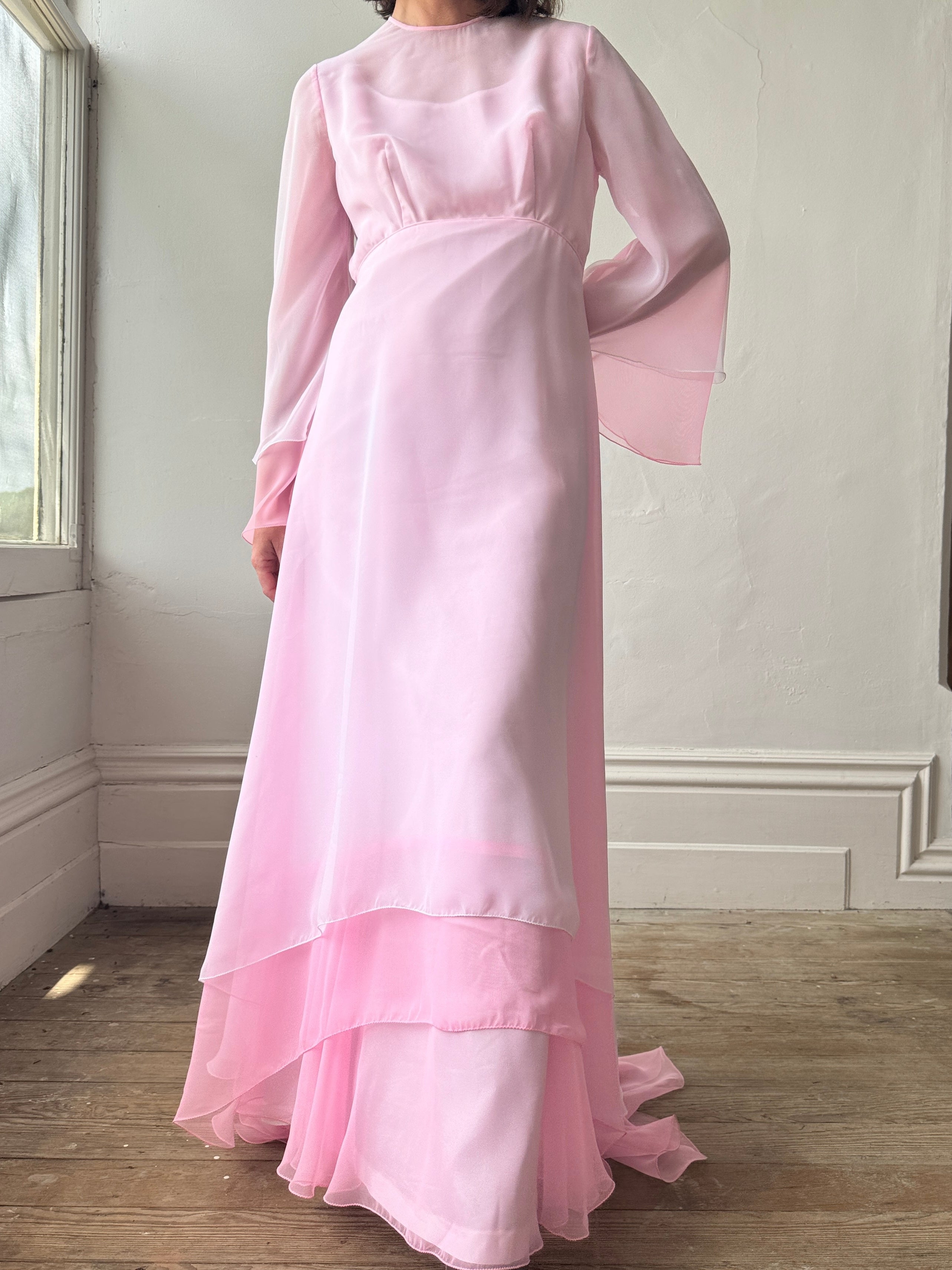 Vintage 70s Pink Tiered Waterfall Gown