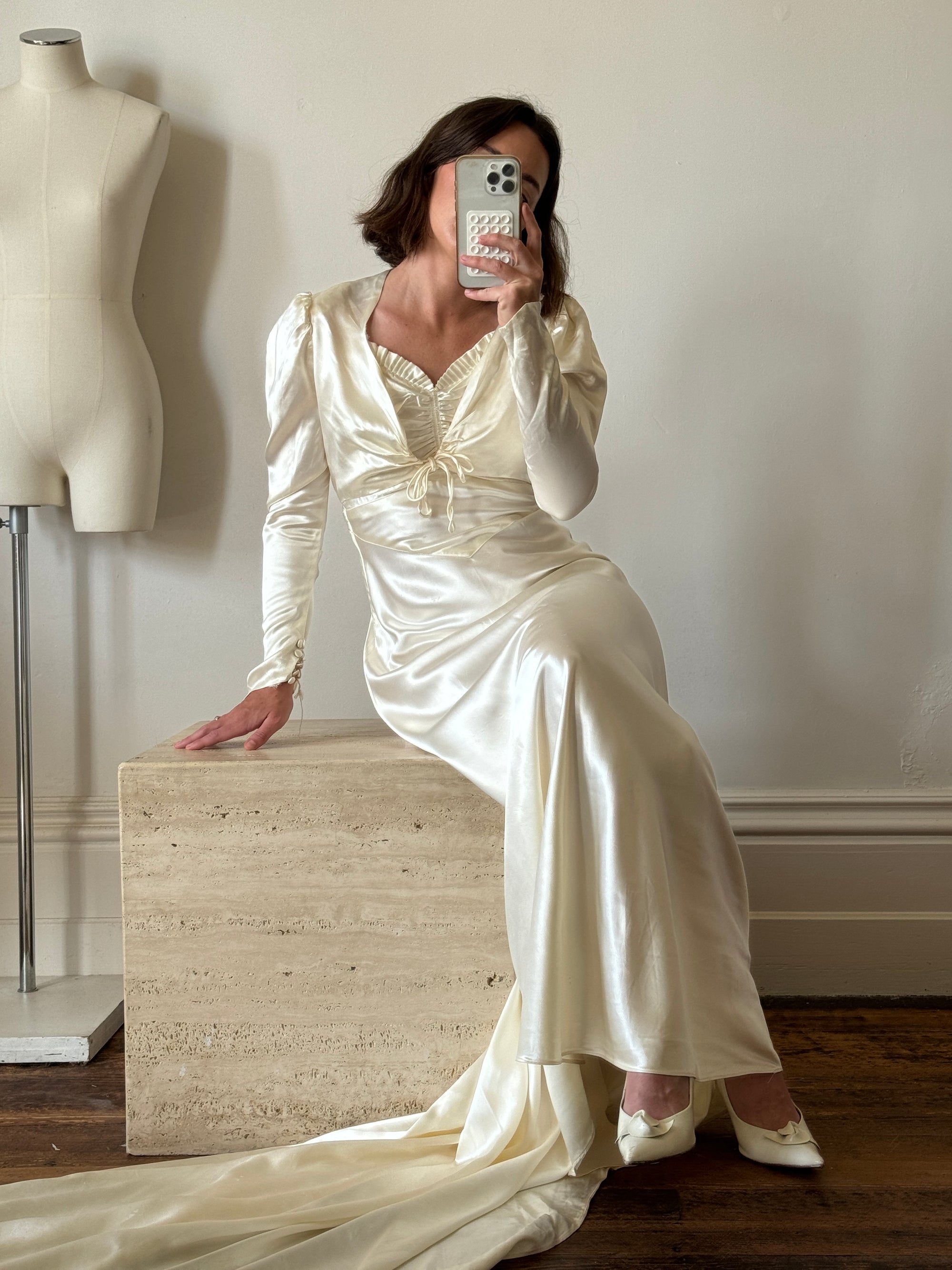 Vintage 30s Creme Liquid Satin Dress with Train and Jacket