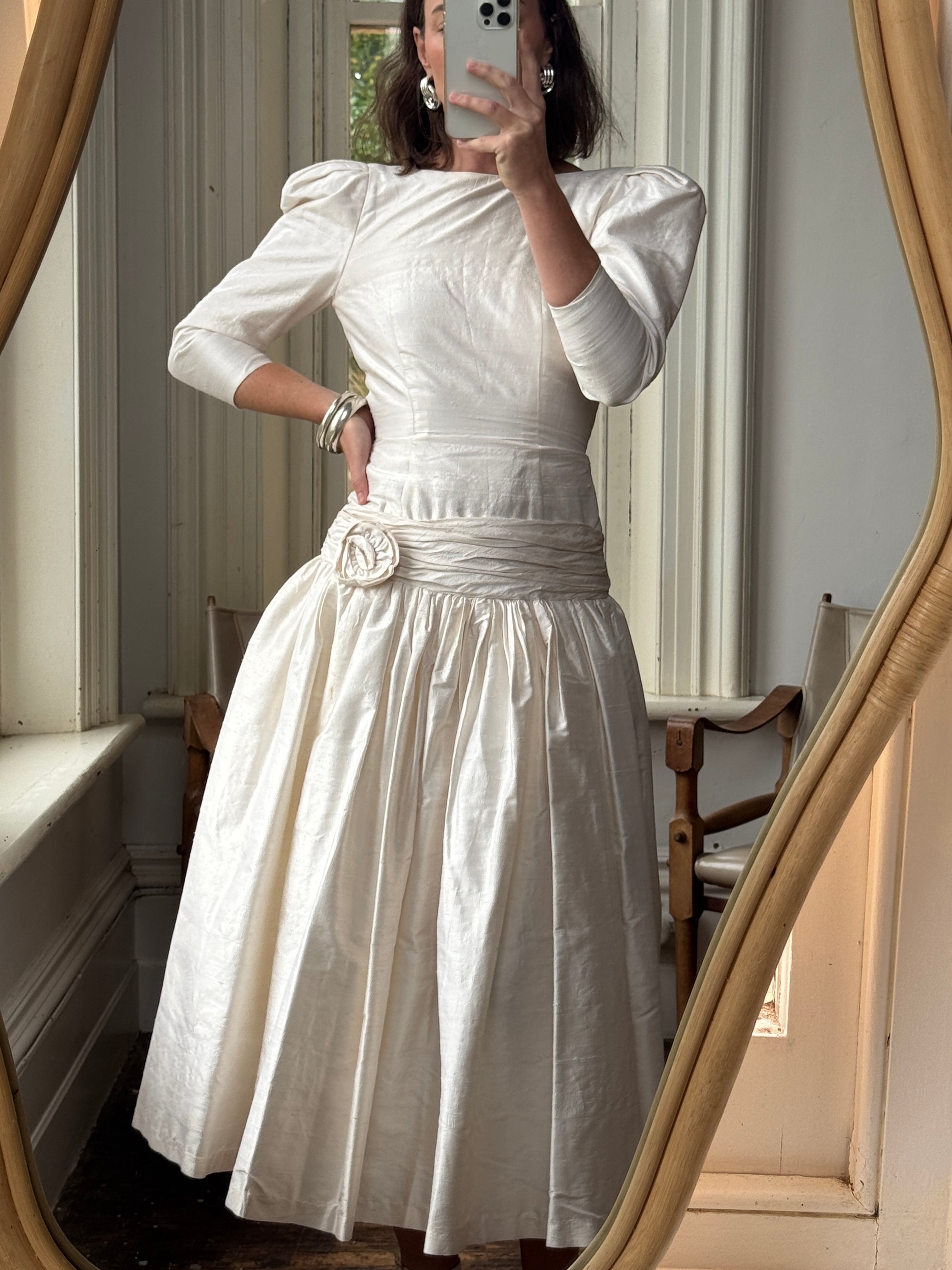 Vintage 80s Pure Silk Drop Waist Bridal Midi