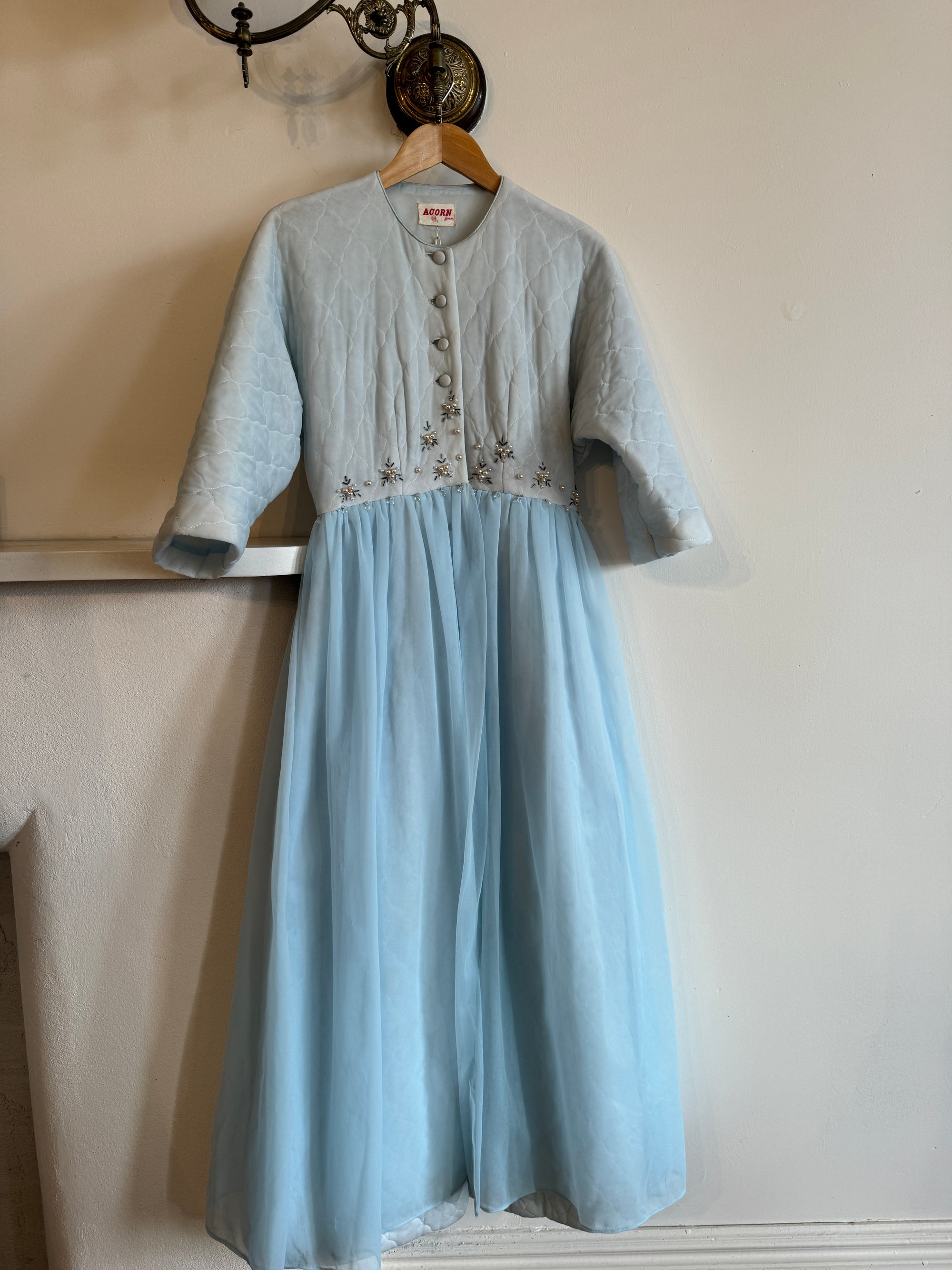 Vintage 50s Quilted Dress With Beading Baby Blue