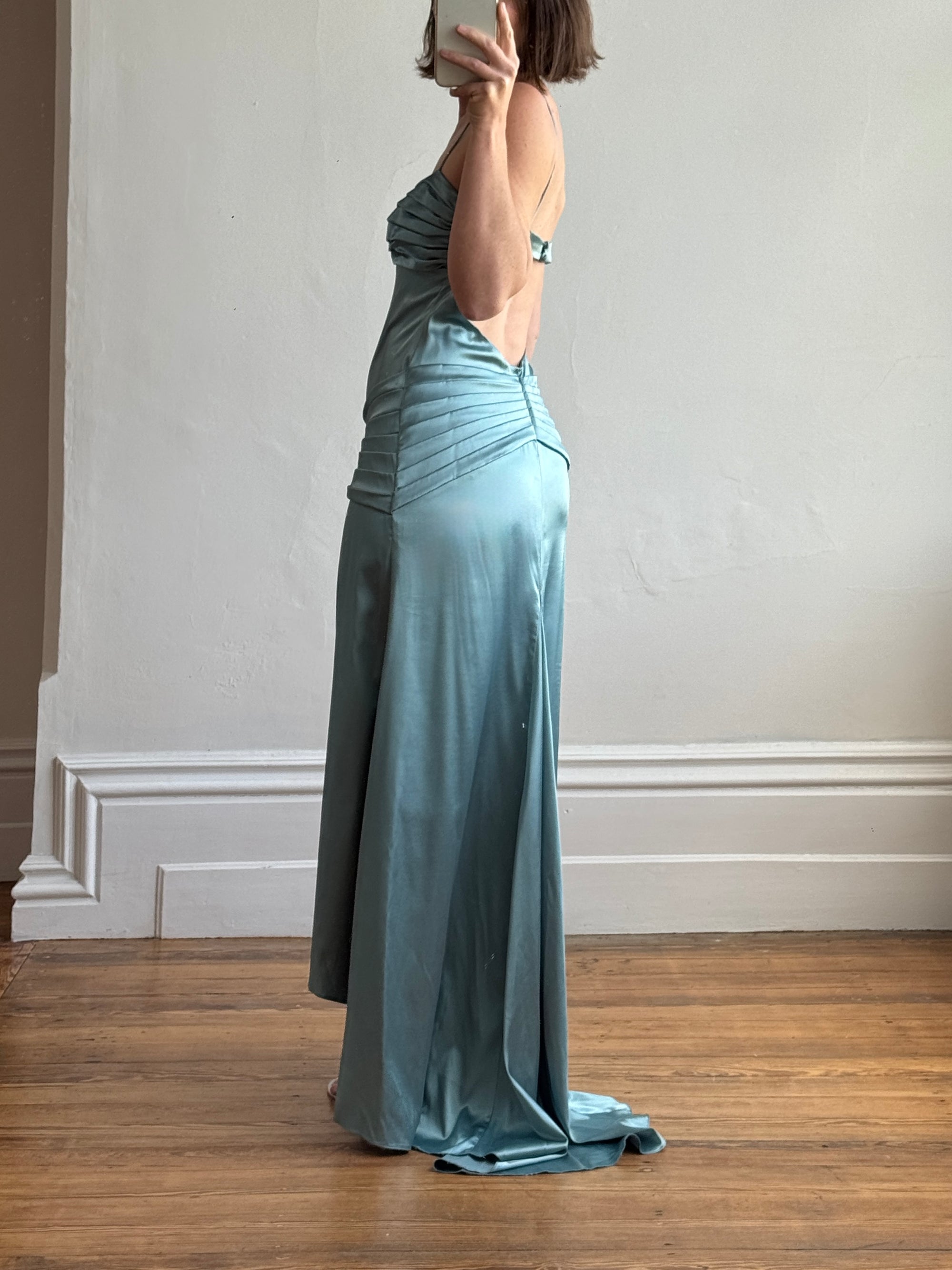 Vintage 90s Teal Satin High Low Prom Dress