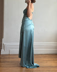 Vintage 90s Teal Satin High Low Prom Dress