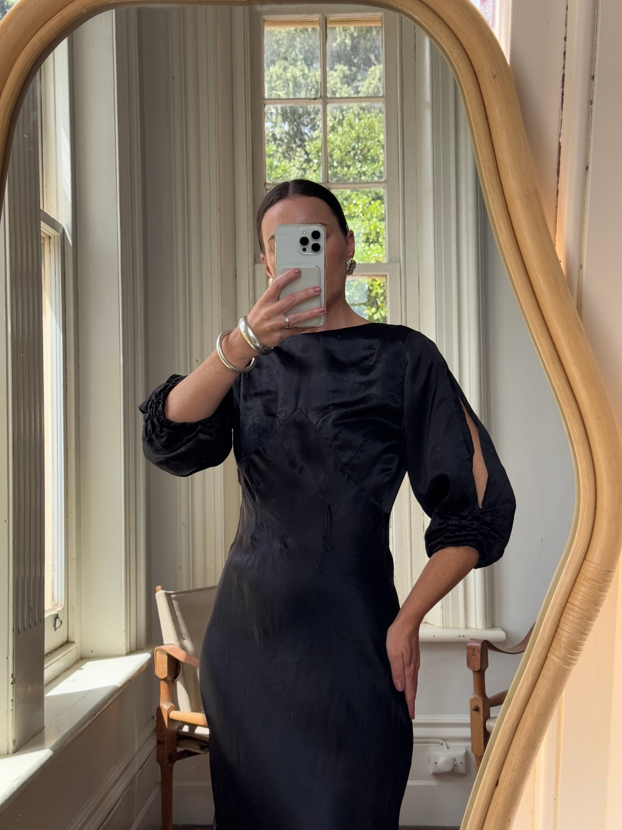 Vintage 30s Black Satin Backless ZigZag Fishtail Dress