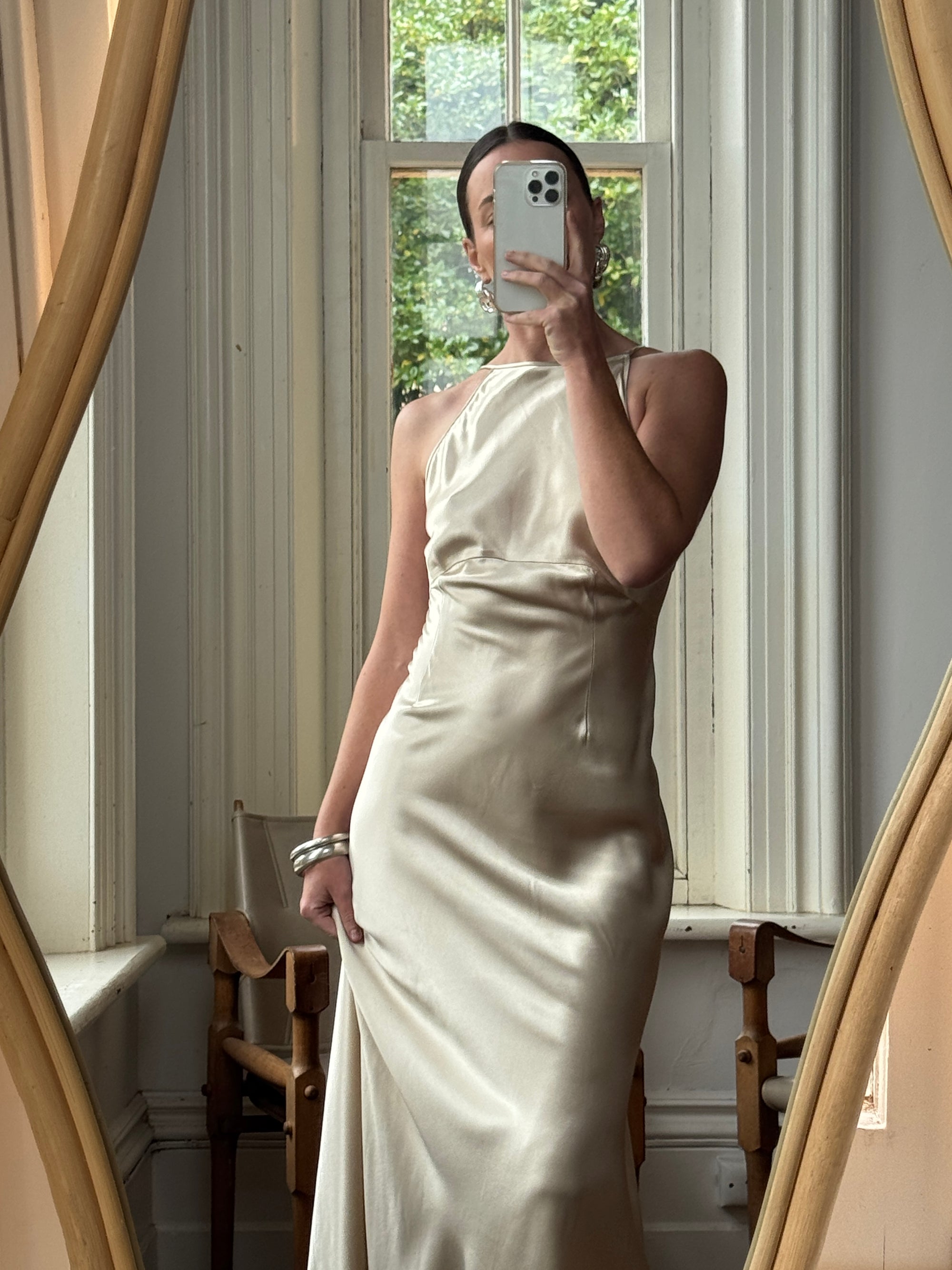Vintage 90s Plein Sud Champagne Satin Halter Gown