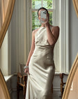 Vintage 90s Plein Sud Champagne Satin Halter Gown