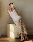 Vintage 80s Sheer Lace Fluted Wedding Dress