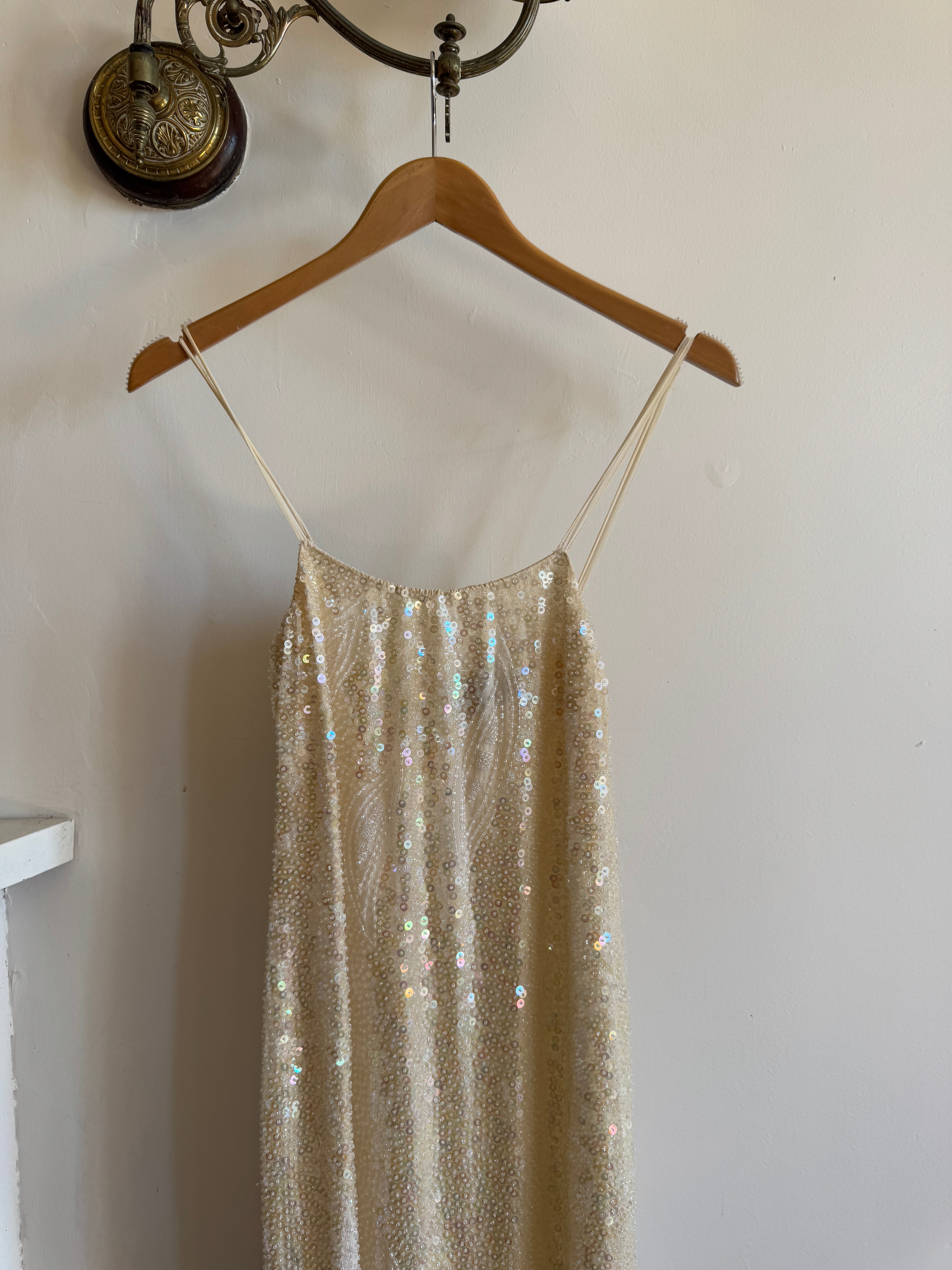 Vintage 90s Pure Silk Sequin Party Dress Creme