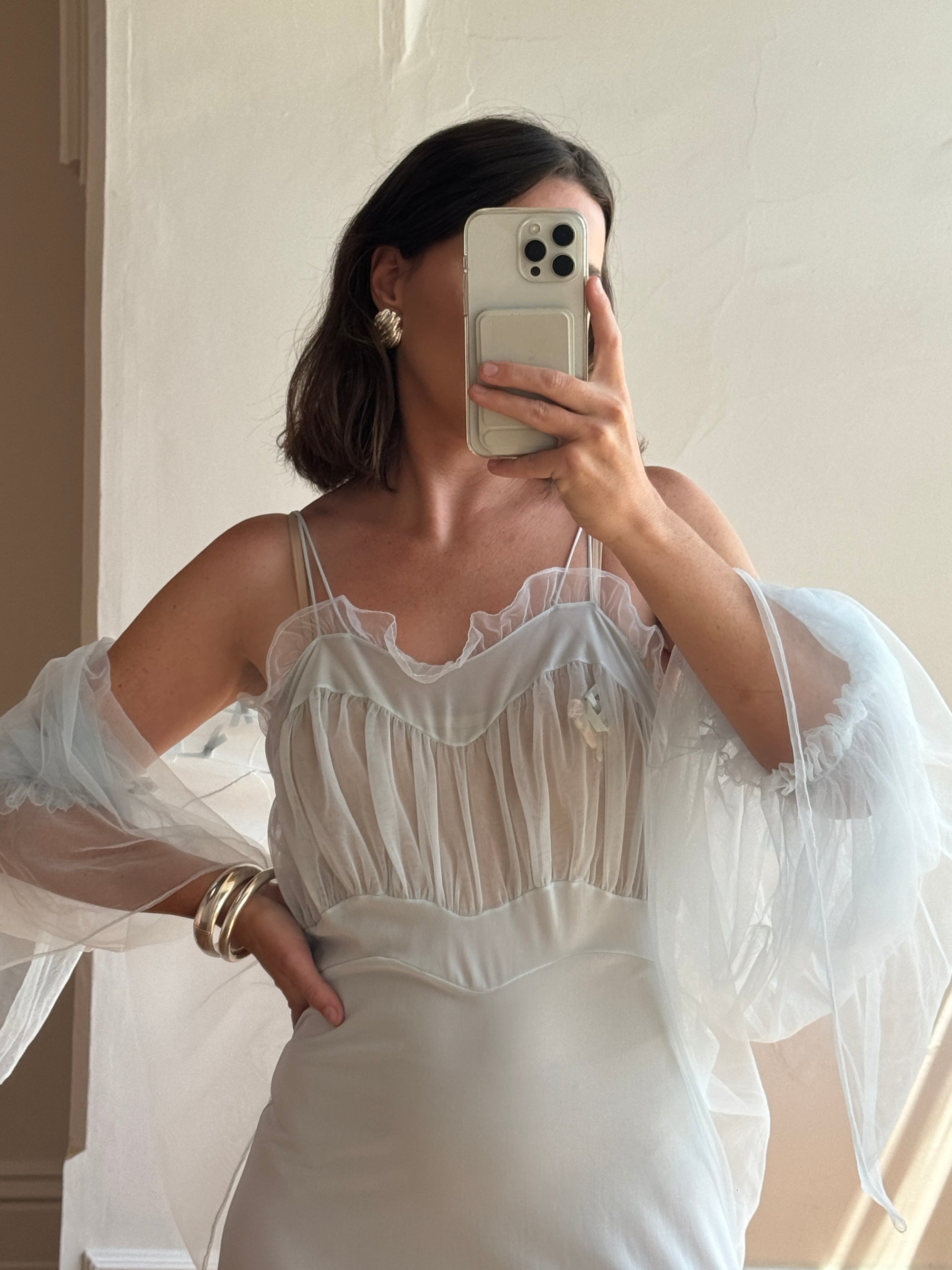 Vintage 50s Baby Blue Peignoir Slip and Jacket Set with Bows