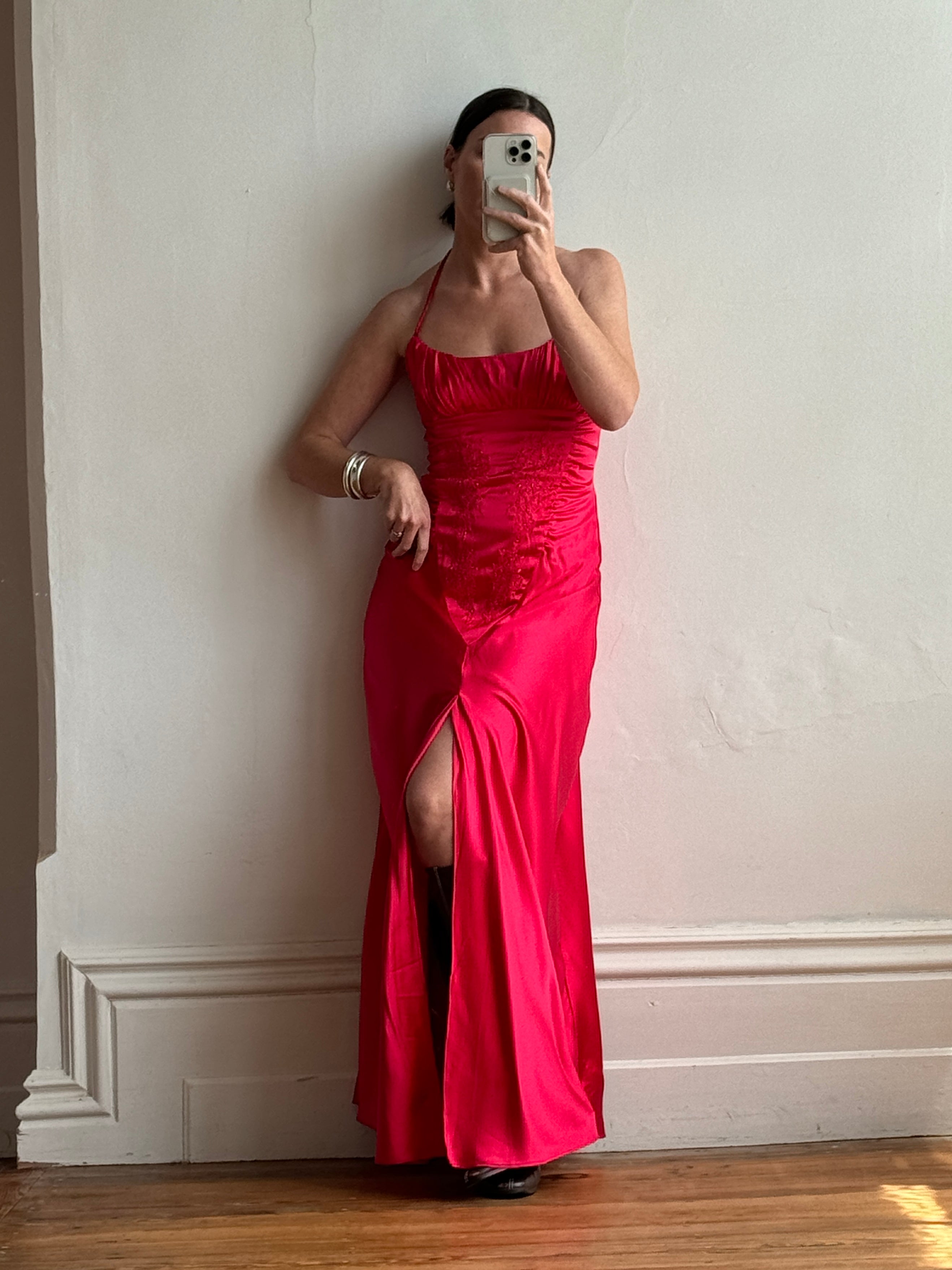 Vintage 90s Pure Silk Beaded Halter Gown Lipstick Red