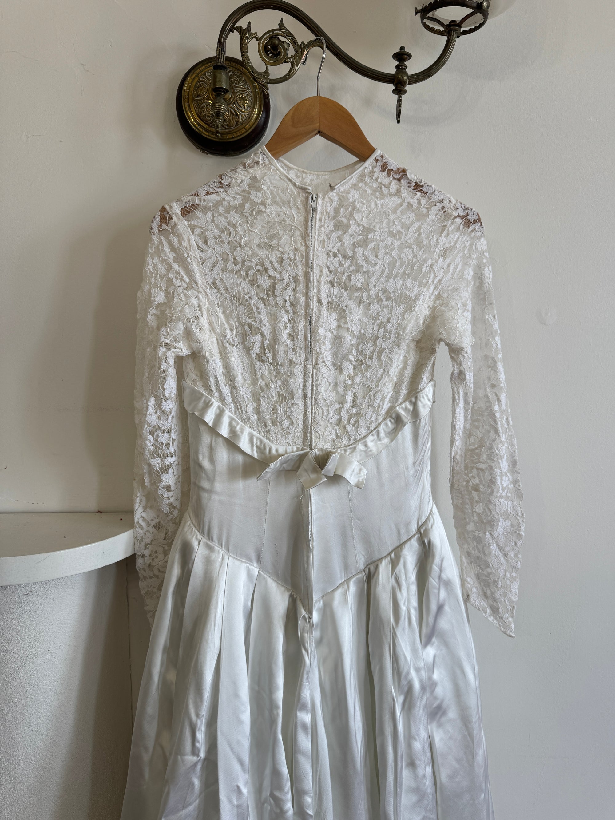 Vintage 50s Reworked Lace Long Sleeve Satin Wedding Gown With Bow