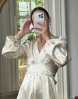 Vintage 70s Floral Satin Jacquard Wedding Dress Creme