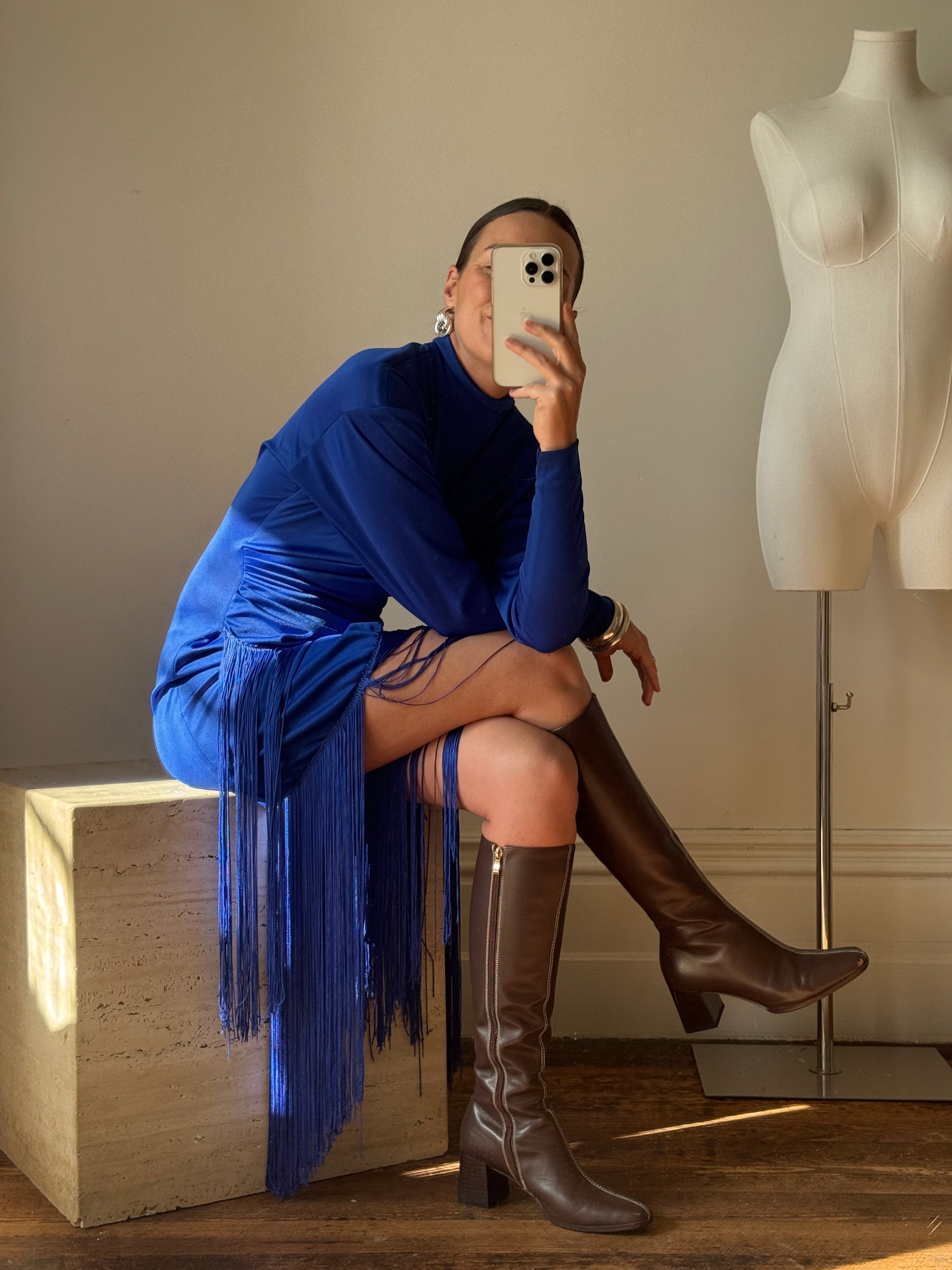 Vintage 80s Royal Blue Long Sleeve Fringe Dress