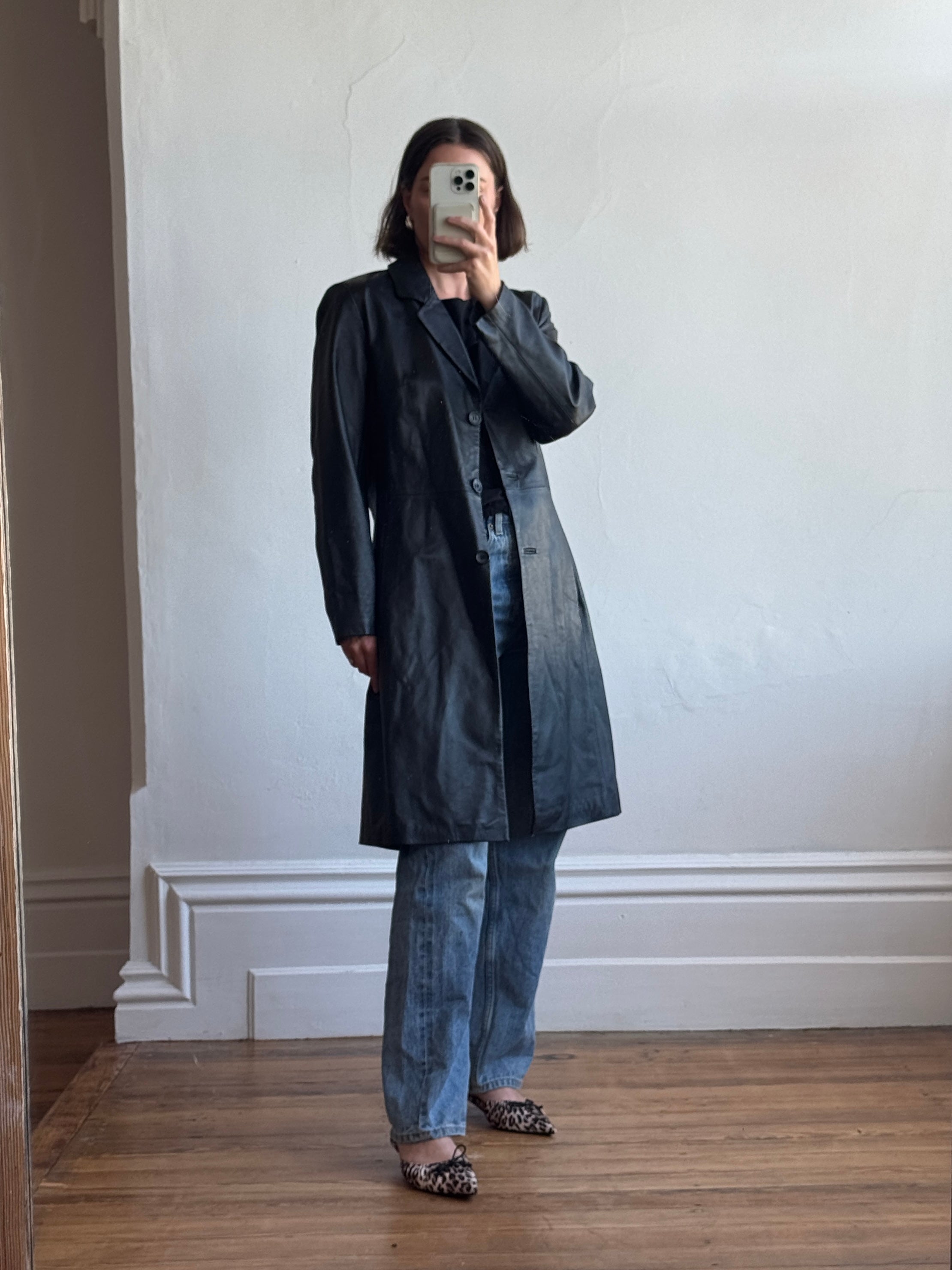 Vintage 90s Leather Mid Length Trench