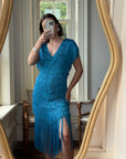 Vintage 80s Fringe Party Dress Ocean Blue