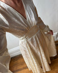 Vintage 70s Floral Satin Jacquard Wedding Dress Creme
