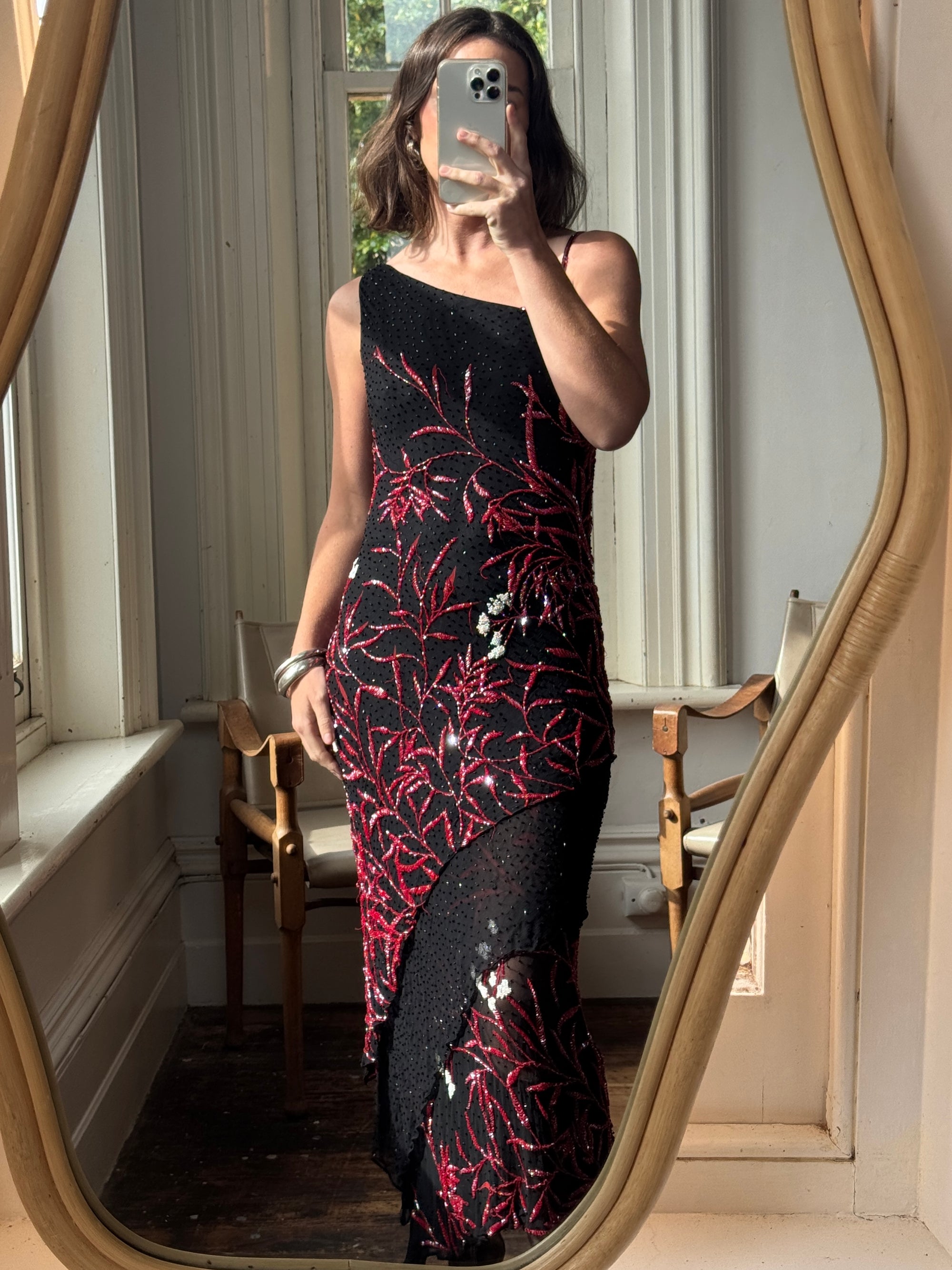 Vintage 90s Beaded Asymmetrical Evening Dress Red Vine