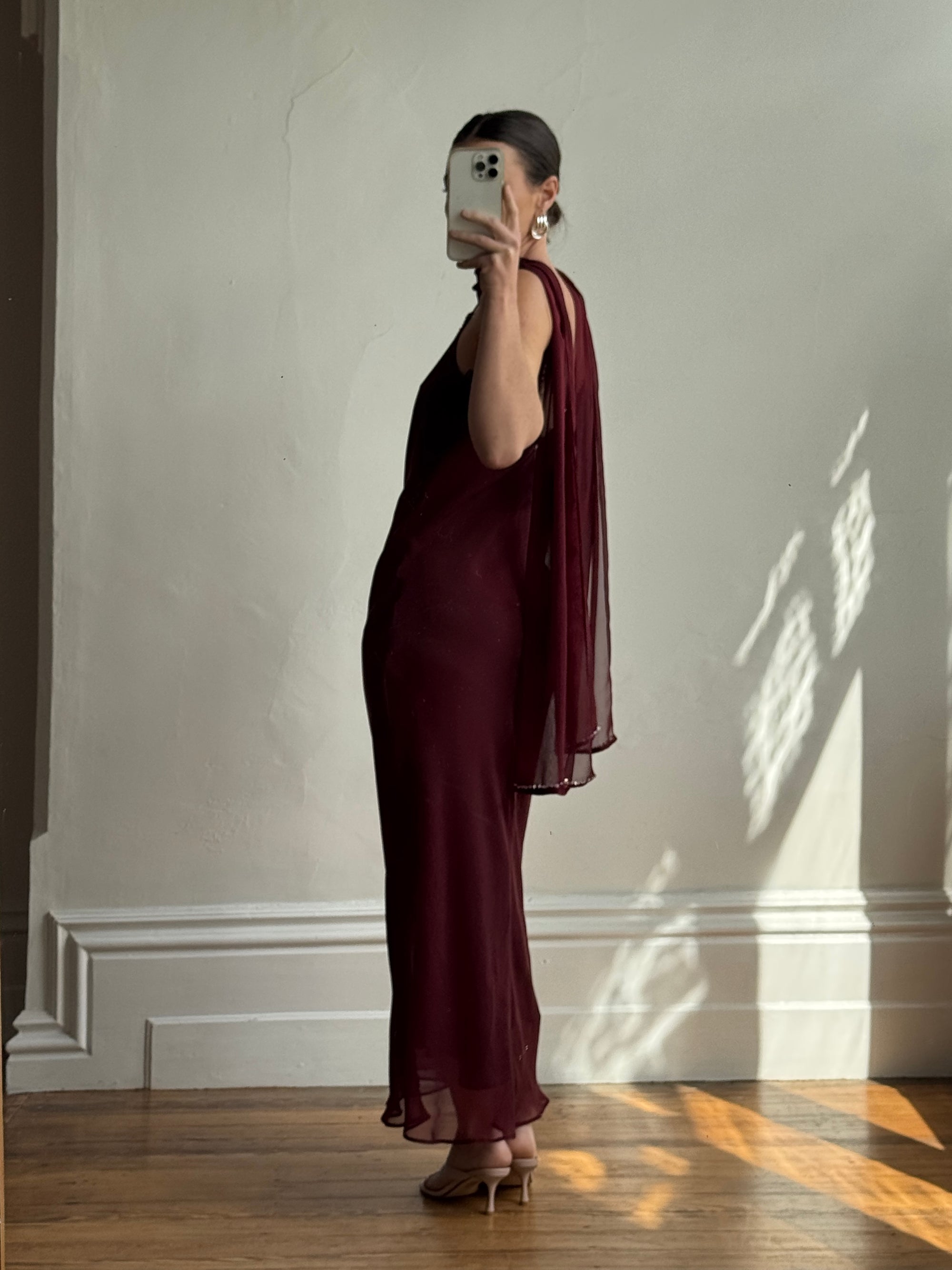 Vintage 90s Burgundy Slip Dress With Pink Sequins and Scarf