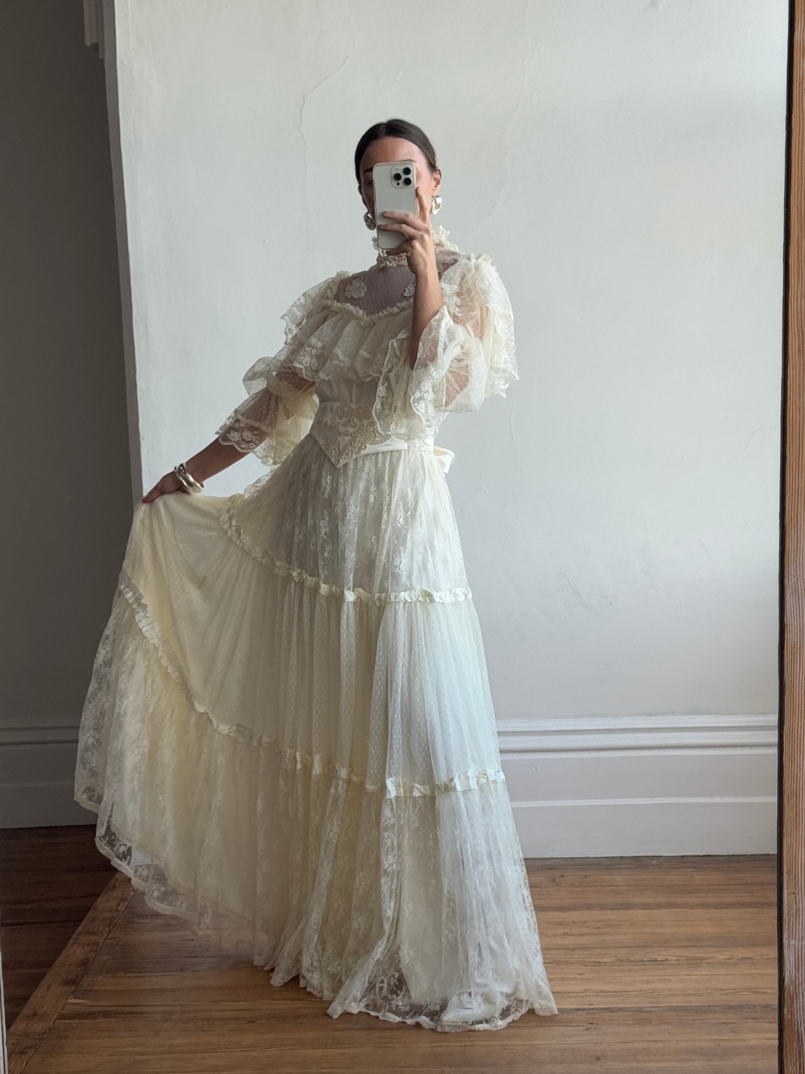 Vintage 70s Prairie Lace Wedding Gown with Beaded Basque Waist Belt