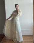 Vintage 70s Prairie Lace Wedding Gown with Beaded Basque Waist Belt