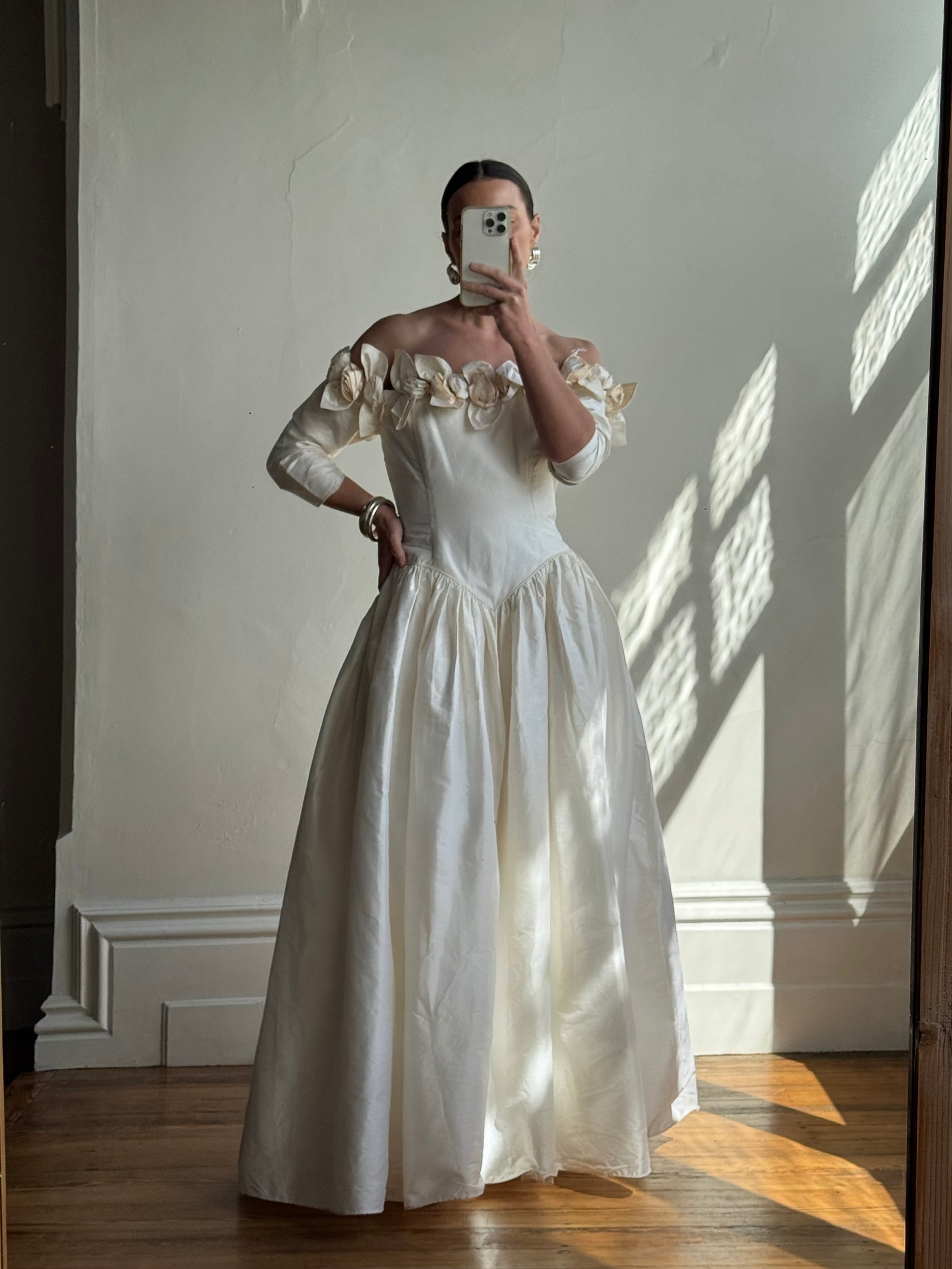 Vintage 80s Pure Silk Rosette Off Shoulder Gown