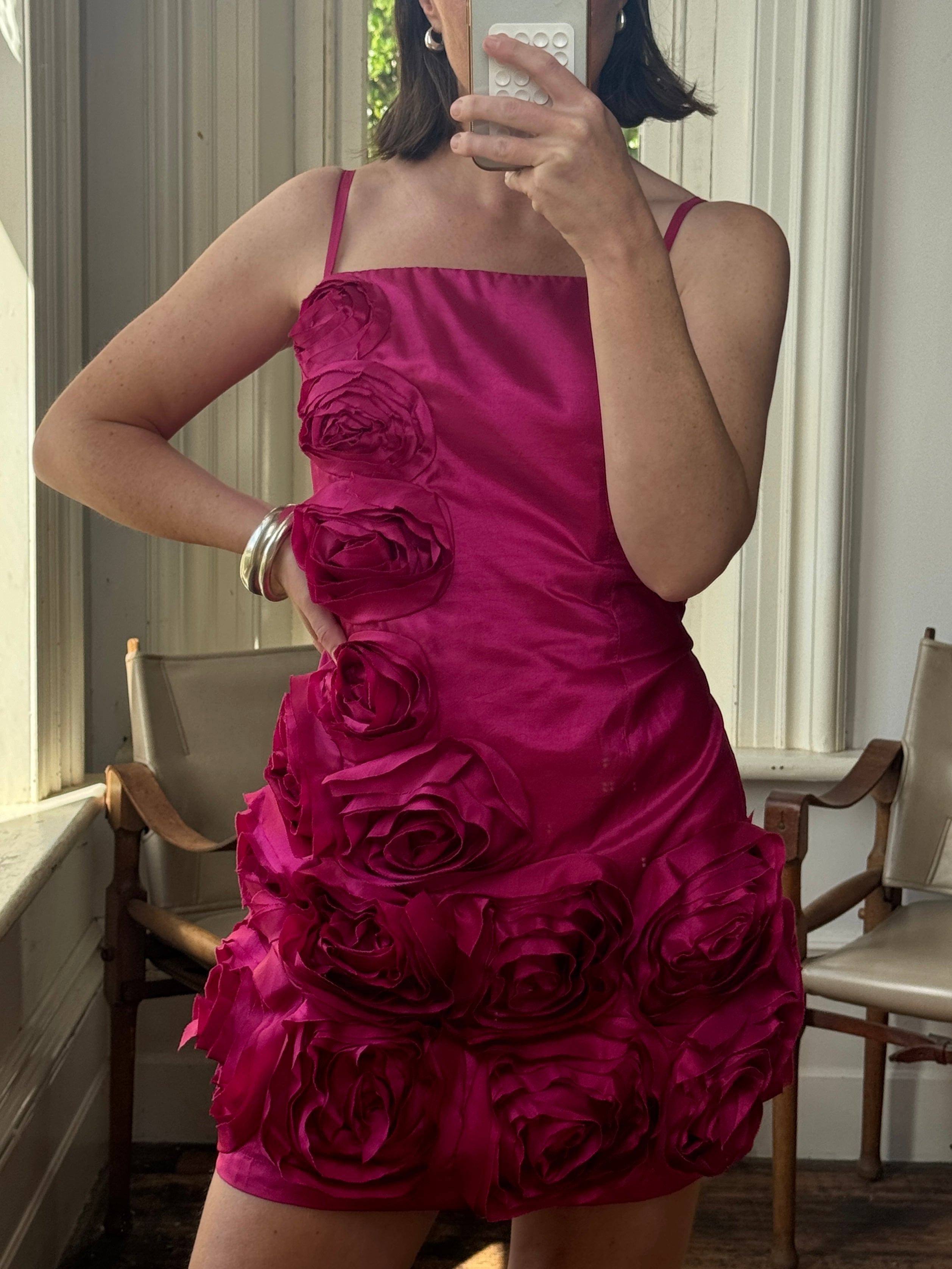 Vintage 80s Australian Made Rosette Mini Dress Fuchsia