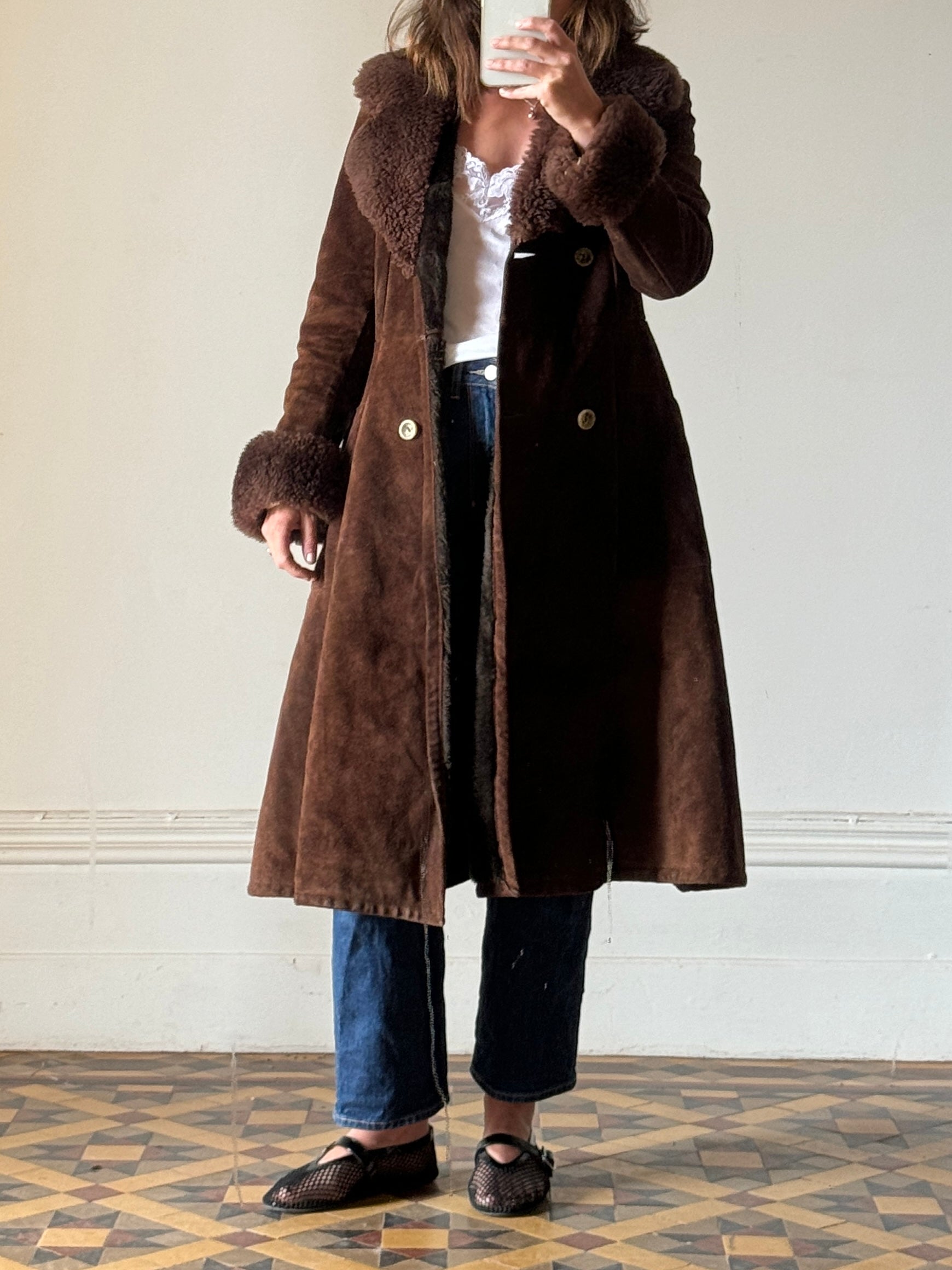 Vintage Suede Leather and Shearling Coat Chocolate Brown