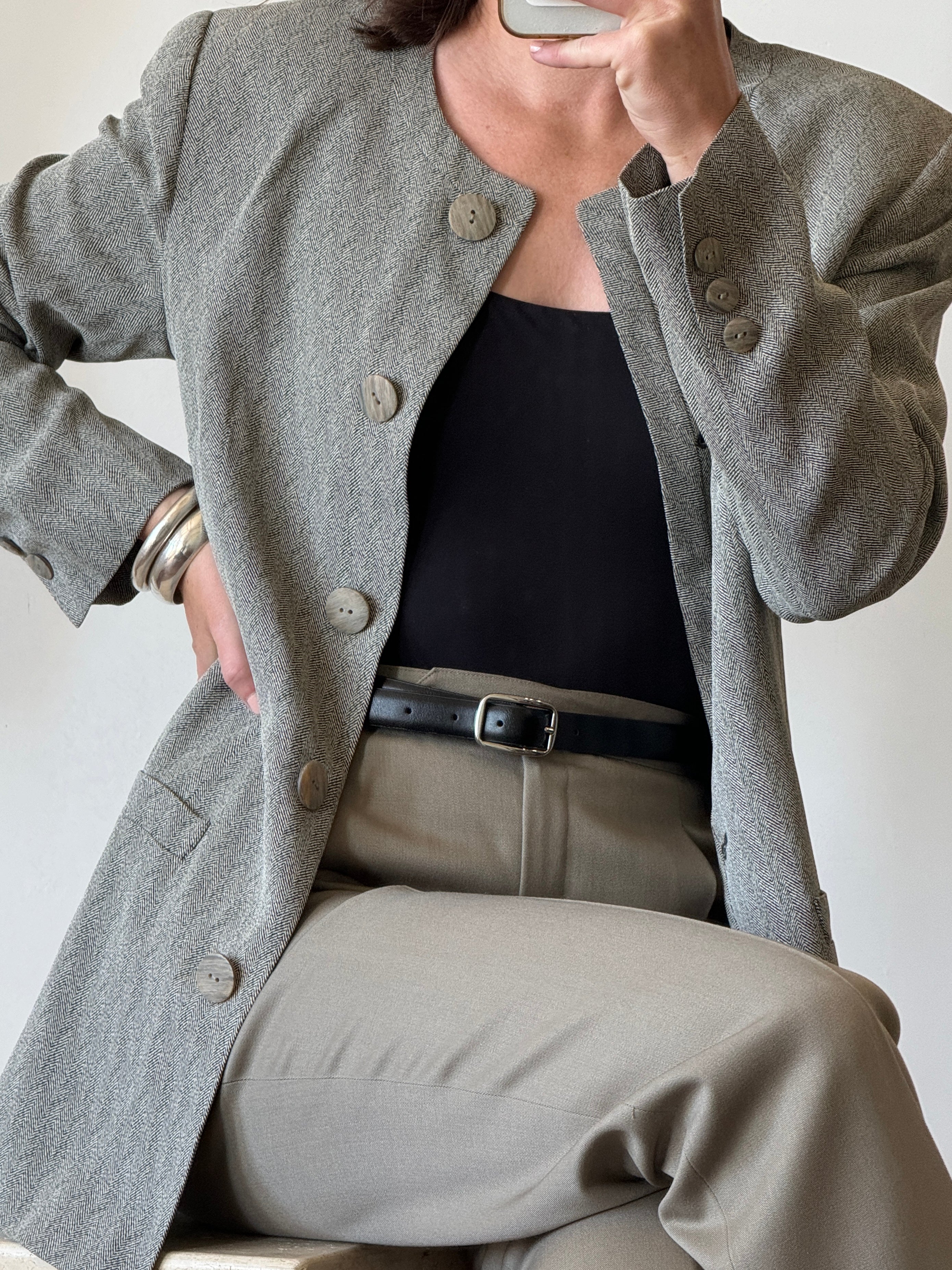 Vintage 80s Worsted Wool High Waist Suit Pant Olive Grey