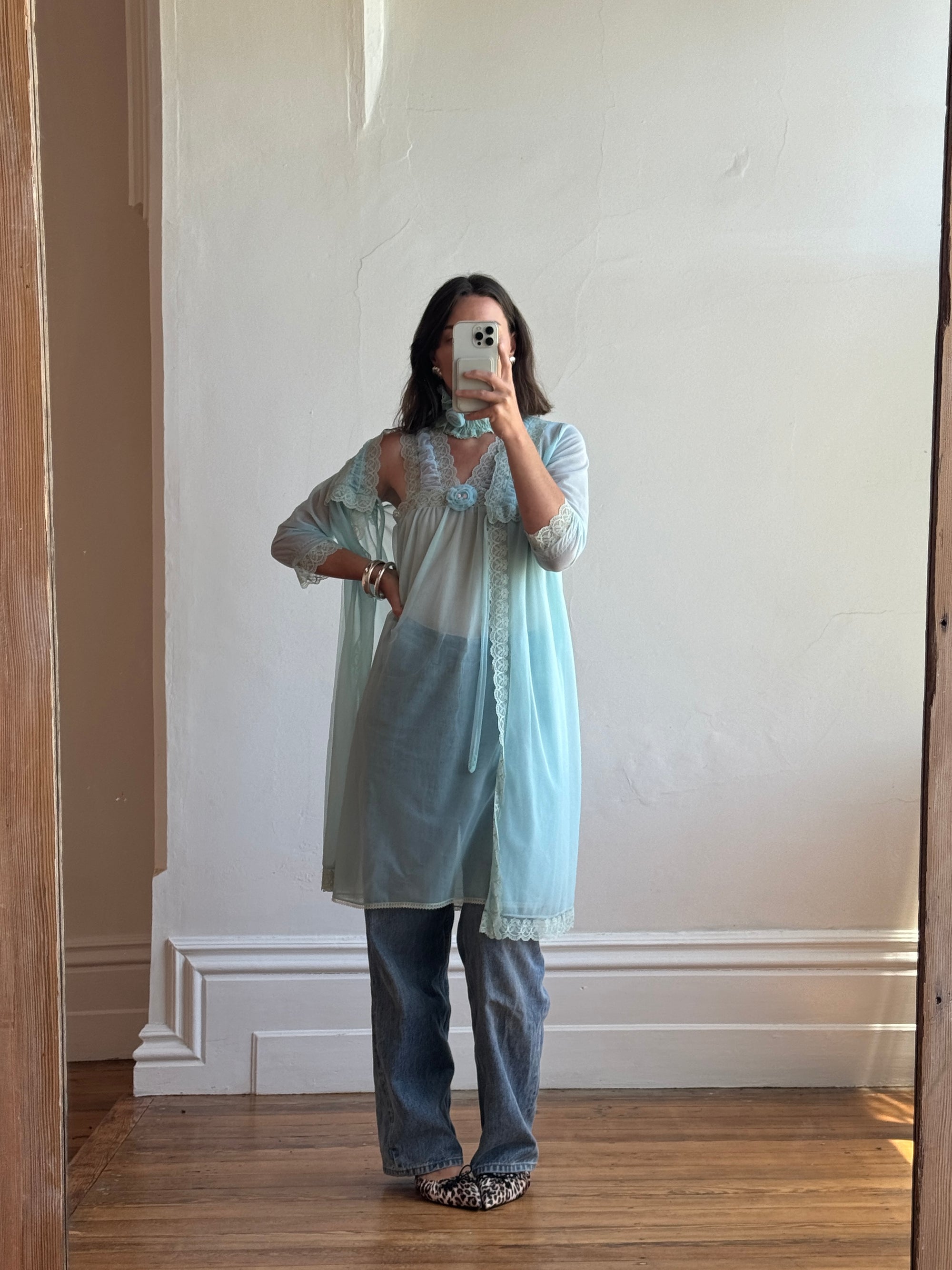 Vintage 50s 4-Piece Peignoir and Slip Set Aqua Lace Rosette