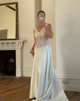 Vintage 90s Italian Naked Embroidered Satin Wedding Dress