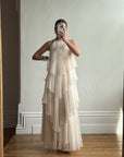 Vintage 70s Tiered Chiffon Wedding Dress Creme