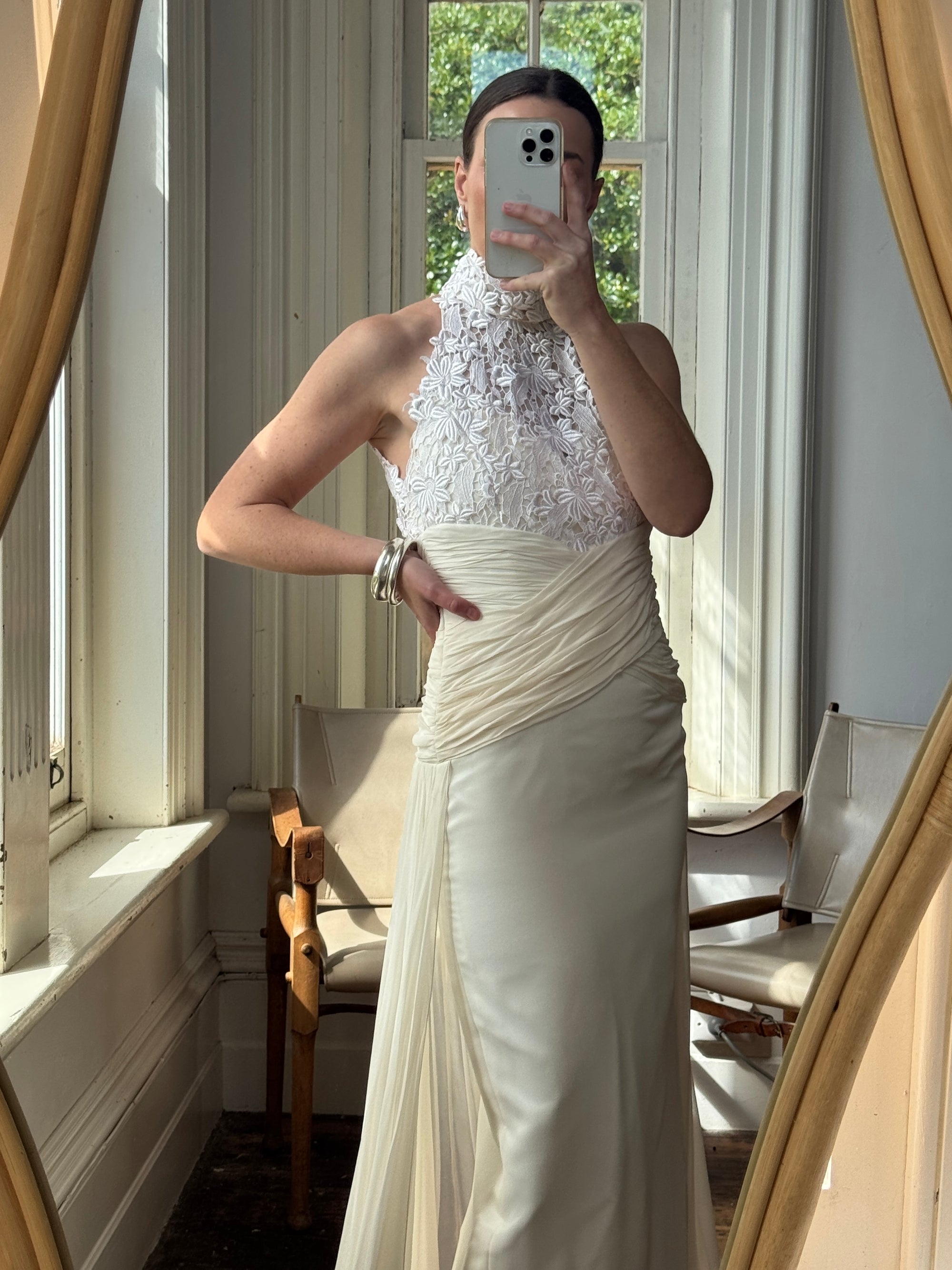 Vintage 90s High Front Lace Midi Dress with Pure Silk Train