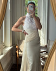 Vintage 90s High Front Lace Midi Dress with Pure Silk Train