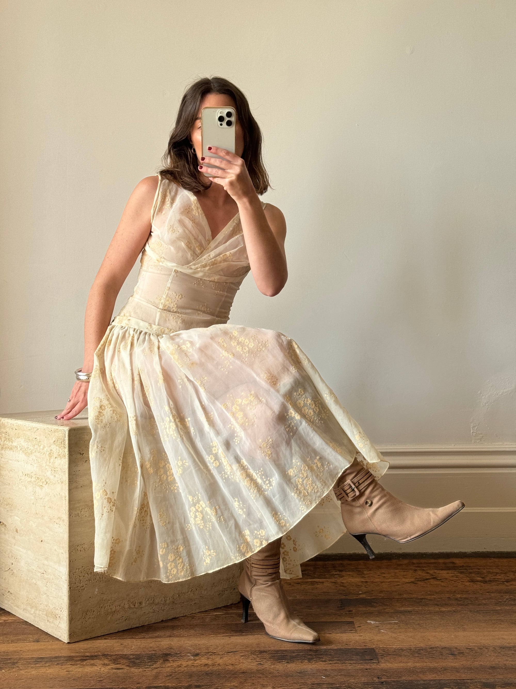 Vintage 50s Flocked Nylon Organza Drop Waist Dress Creme Brulee