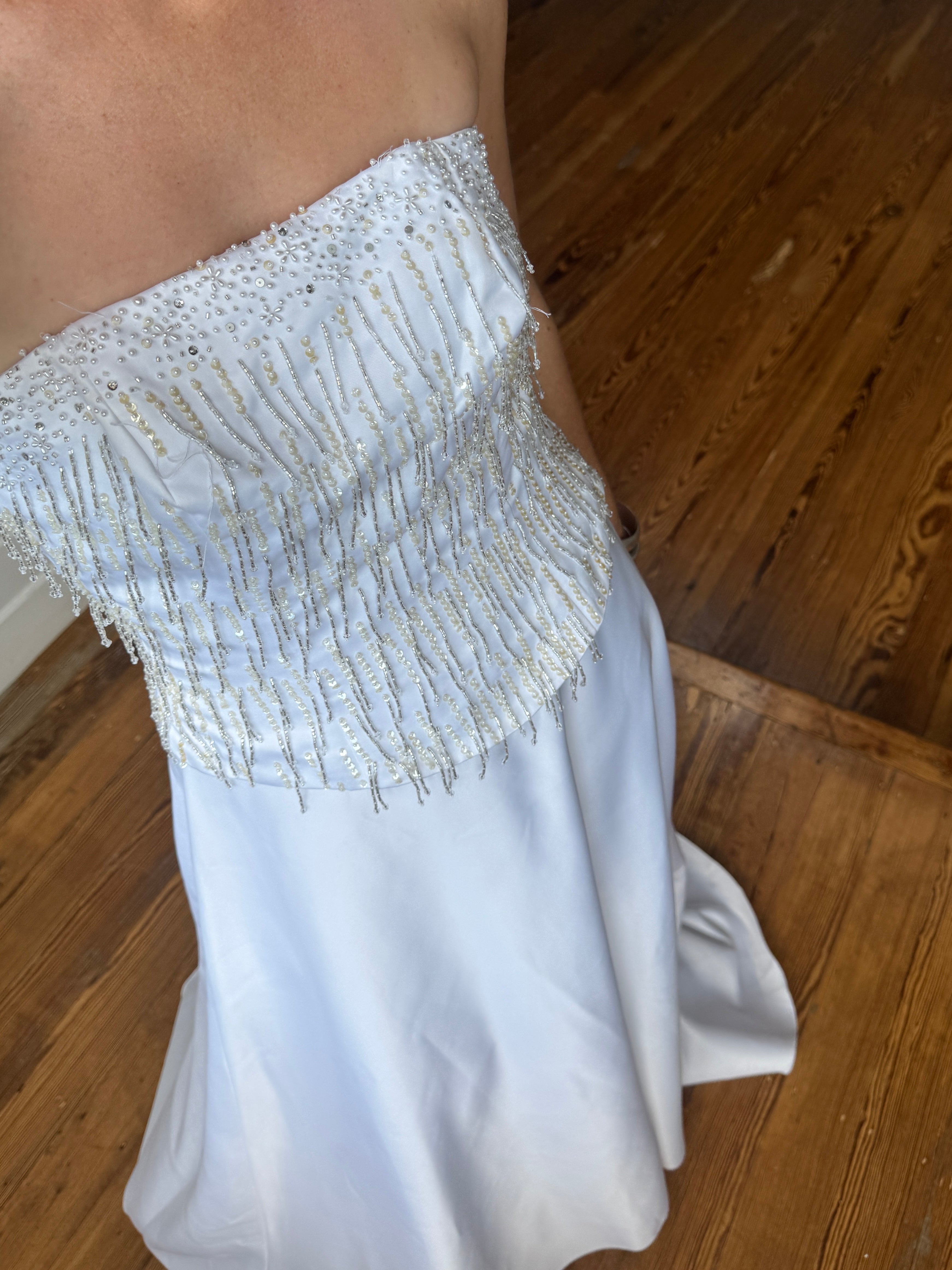 Vintage 90s Beaded Tassel Strapless Satin Wedding Gown