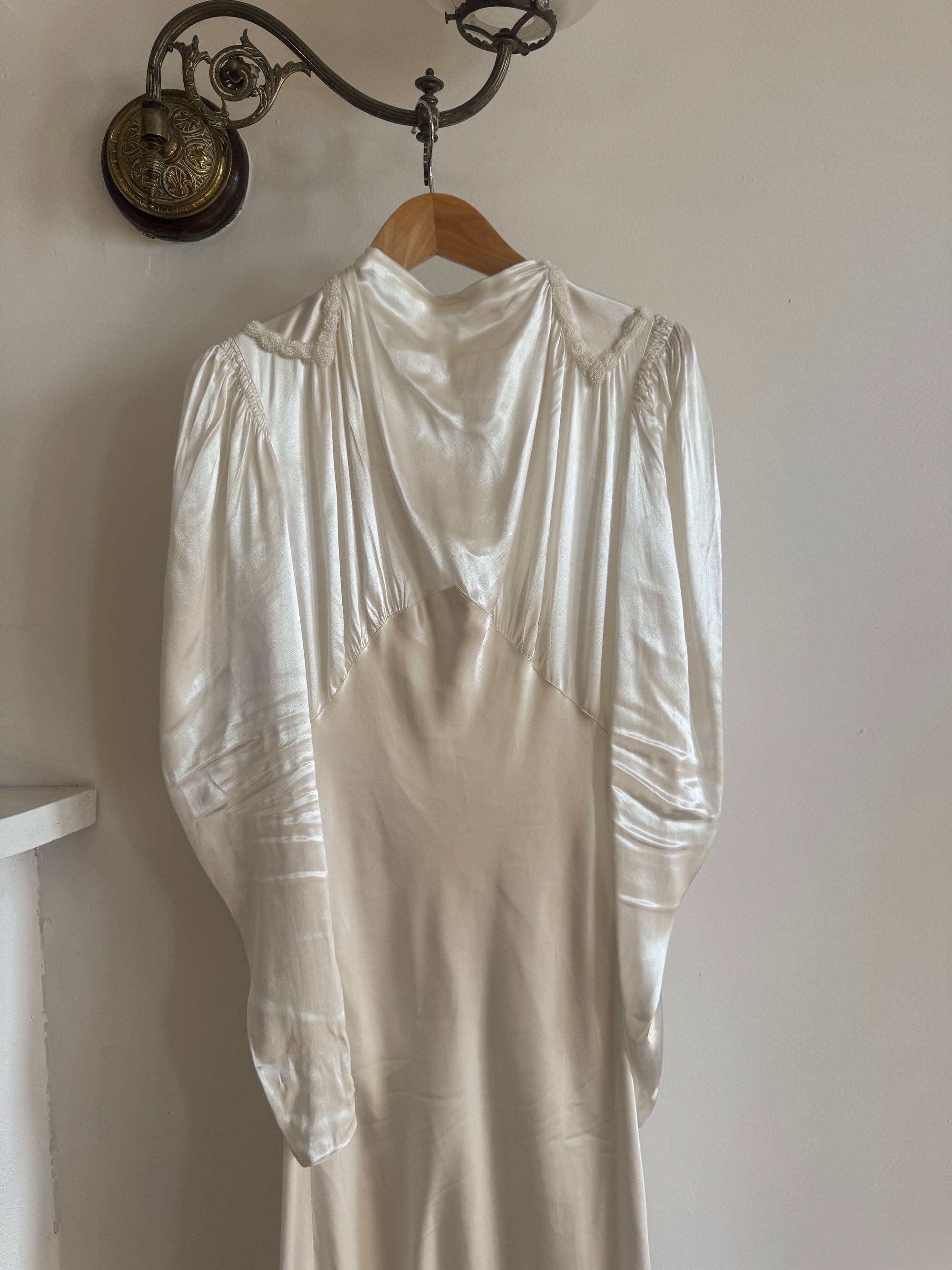 Vintage 40s Liquid Satin Beaded Wedding Gown with Chapel Train