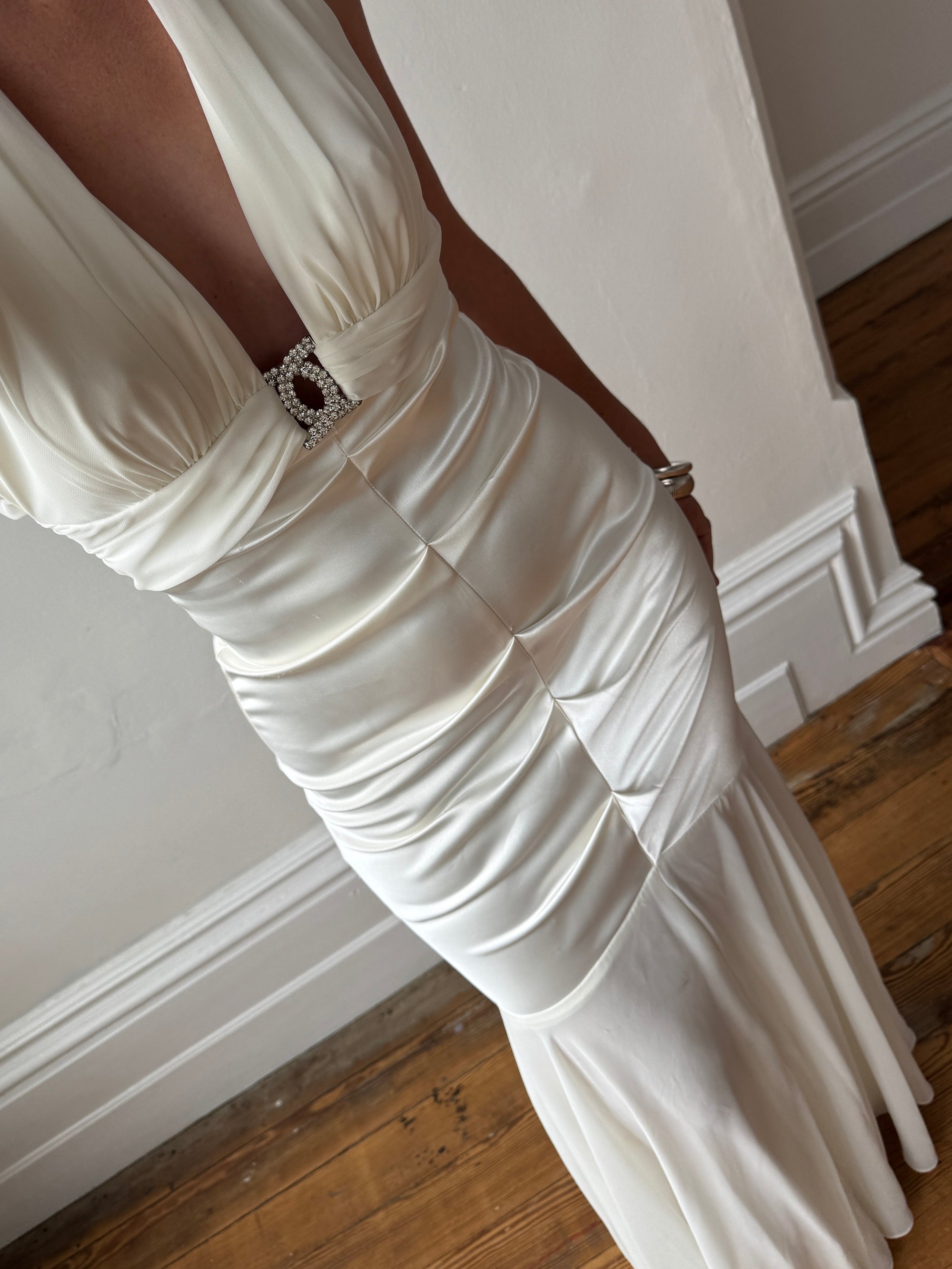 Vintage Y2K USA Made Mermaid Satin Fluted Dress Ivory