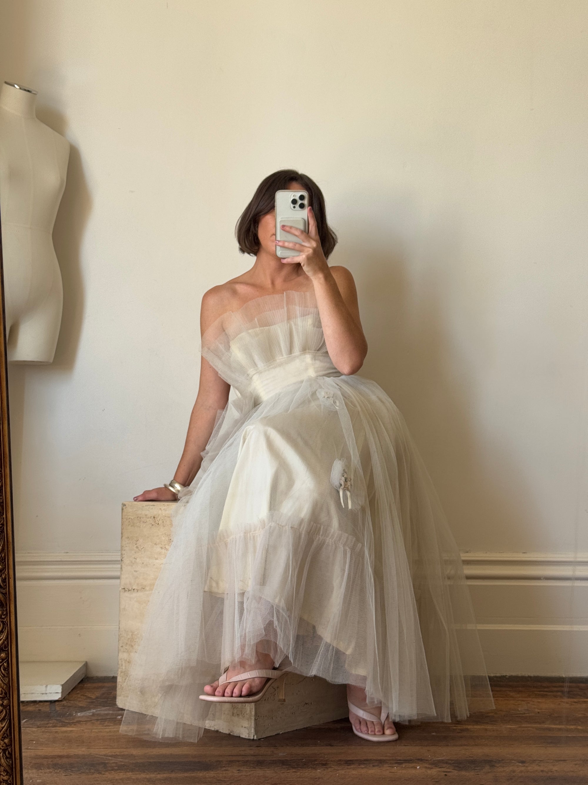 Vintage 50s Petite Bouquet Tulle Prom Dress Dusty Grey