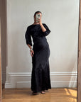 Vintage 30s Black Satin Backless ZigZag Fishtail Dress