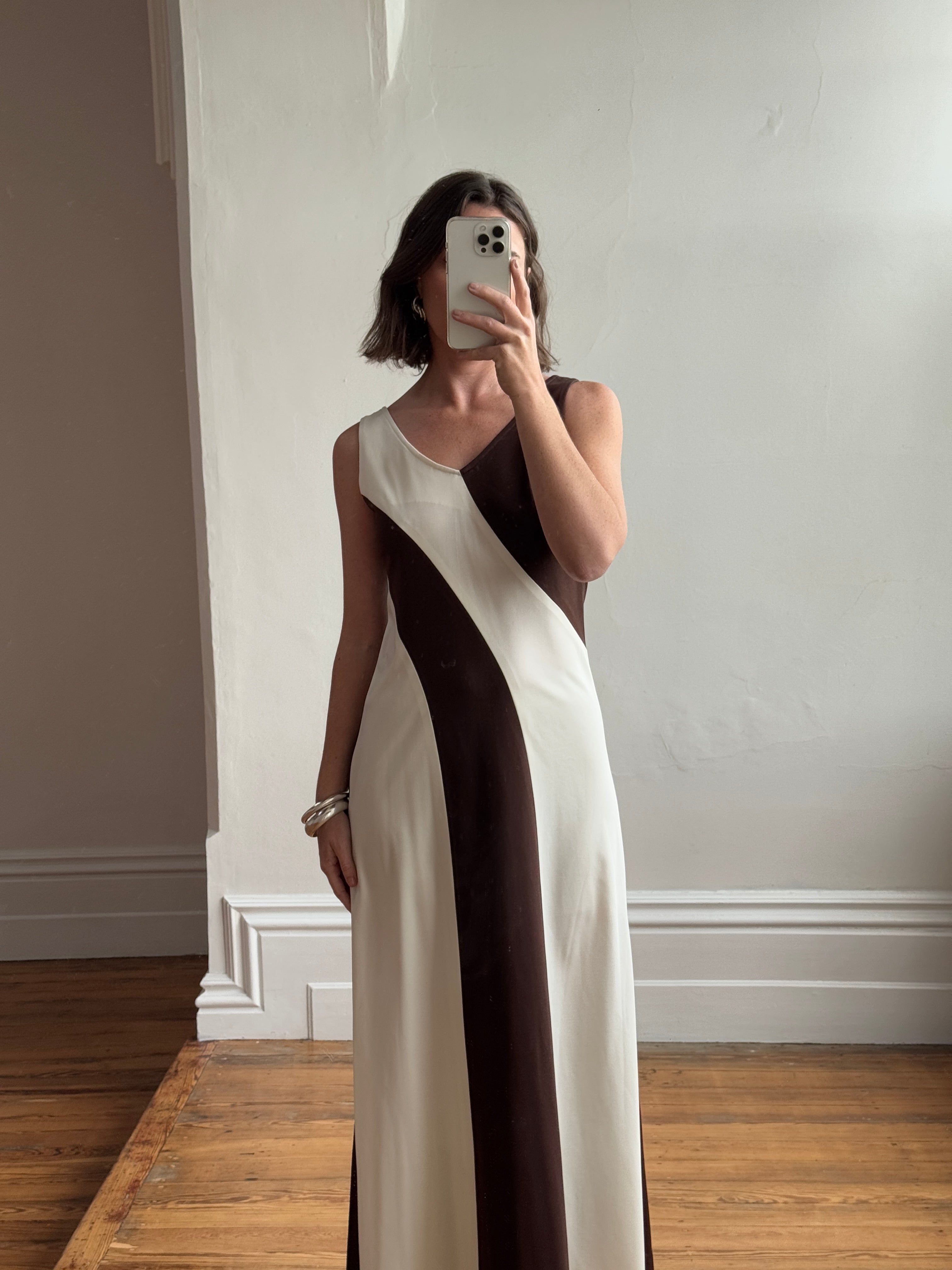 Vintage 60s Chocolate Swirl Jersey Maxi Dress