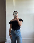 Vintage 90s Jersey Ruffle Off the Shoulder Top Noir
