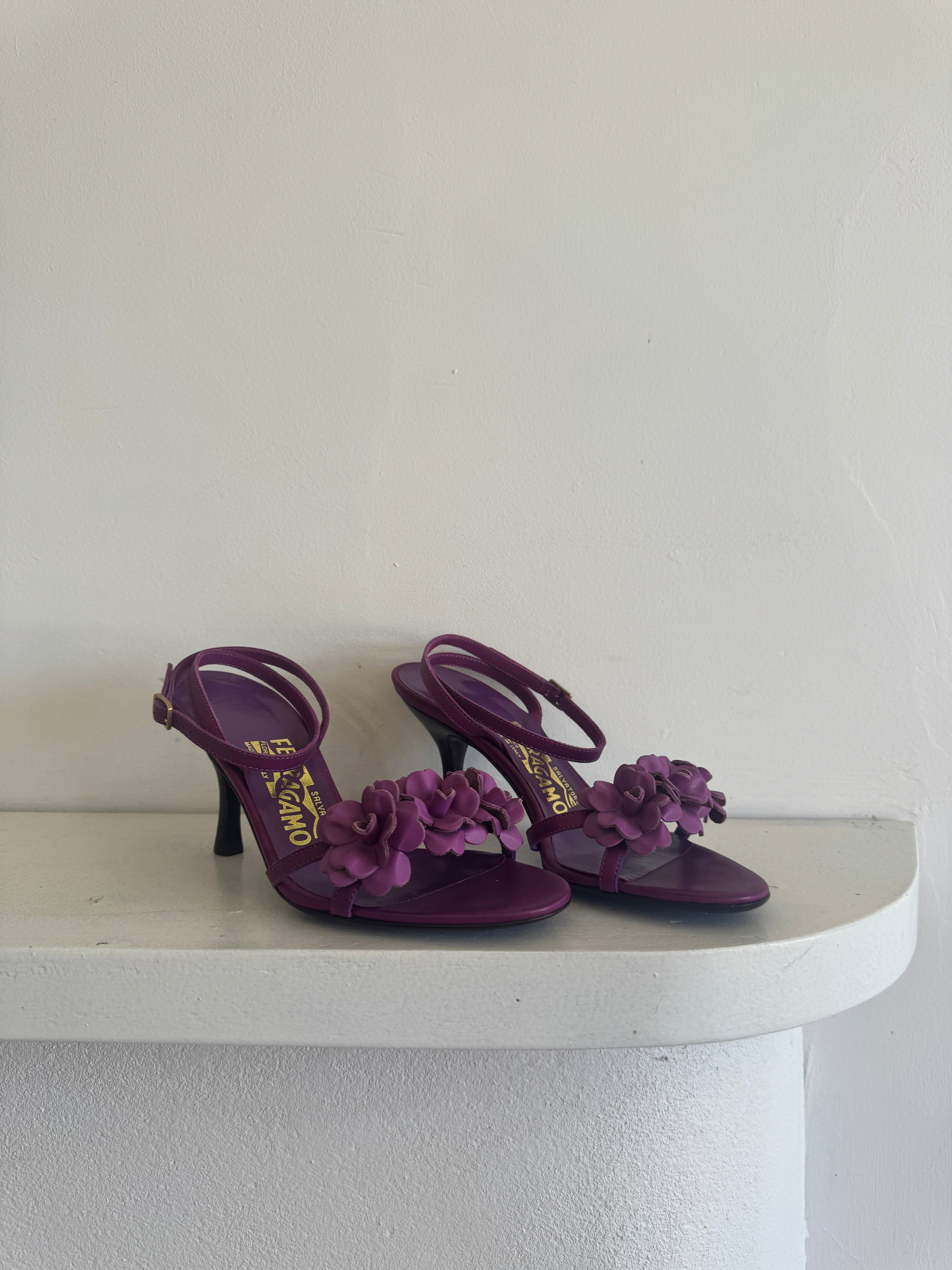Vintage 90s Ferragamo Strappy Flower Heels Grape