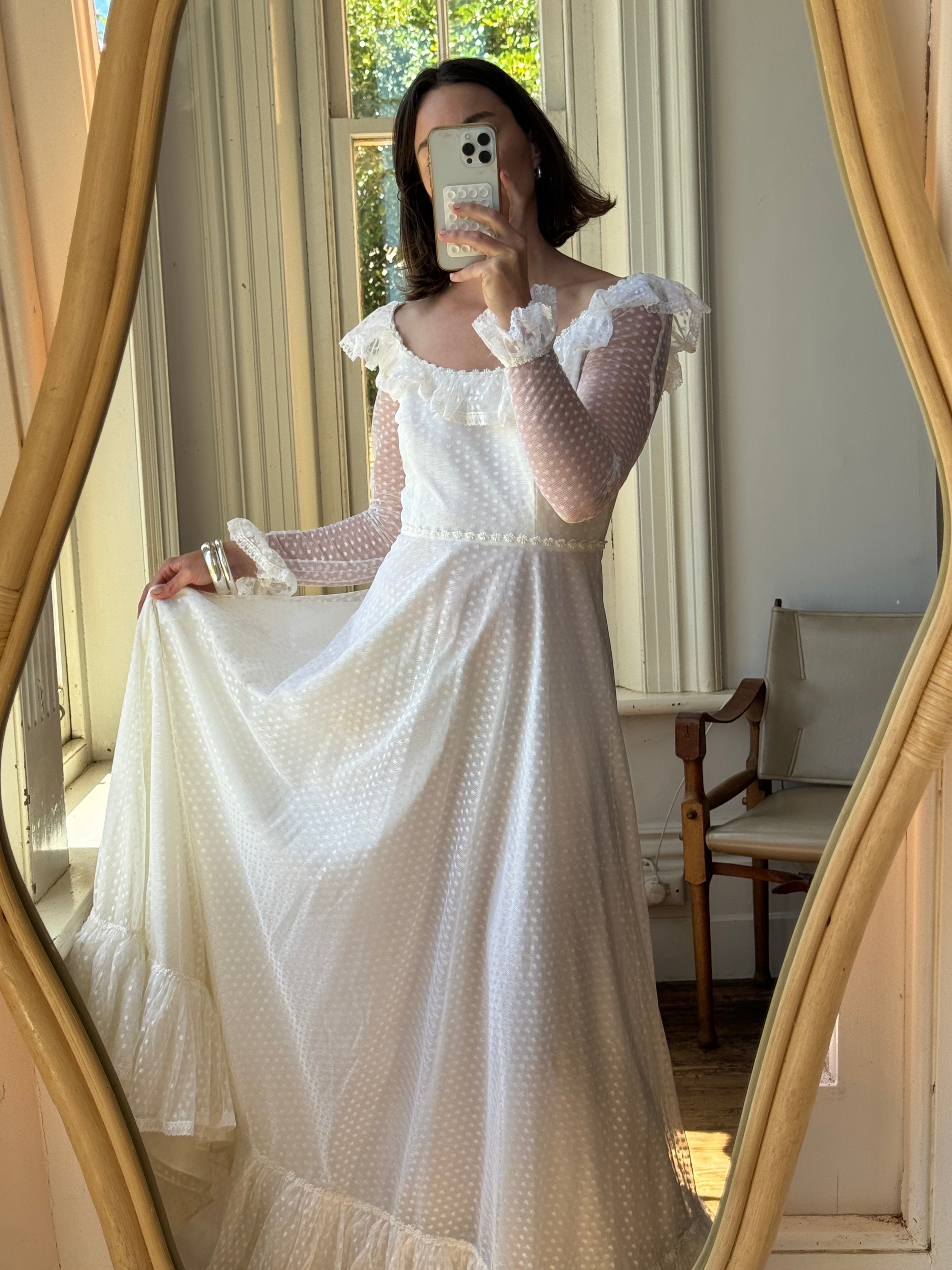 Vintage 70s Polka Scoop Neck Wedding Dress