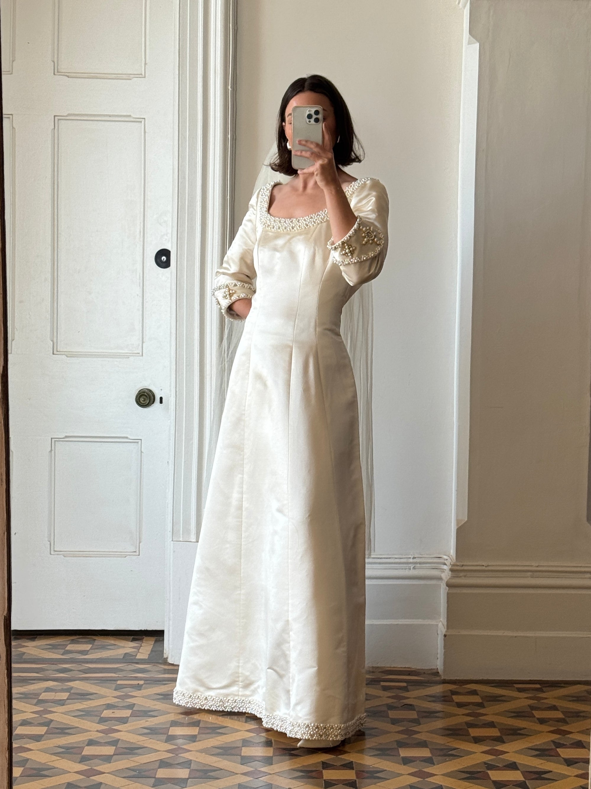 Vintage 90s Pure Silk Satin Baroque Scoop Neck Wedding Gown and Veil