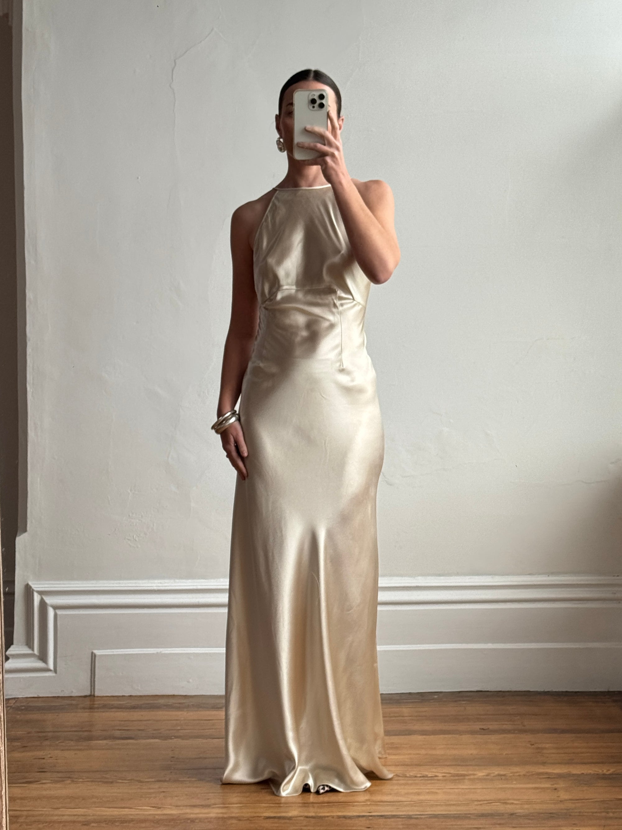 Vintage 90s Plein Sud Champagne Satin Halter Gown